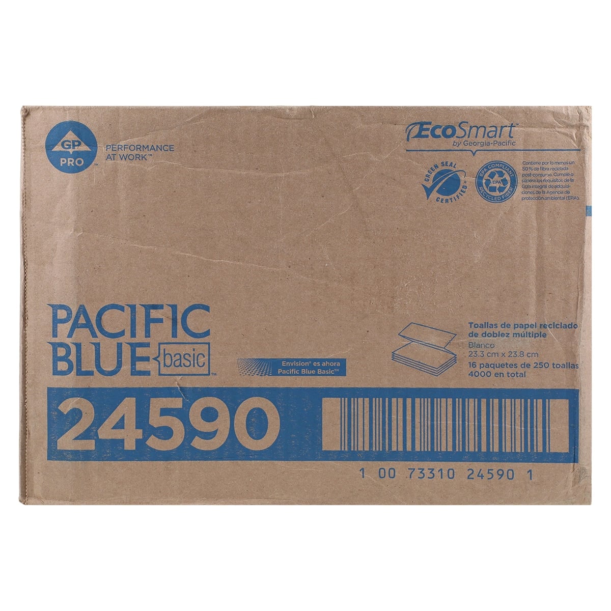 Georgia Pacific Pacific Blue Basic Multifold Paper Towels, 1-Ply, 9.2" x 9.4", White, 4000/Case (16 Packages x 250 Count), 24590