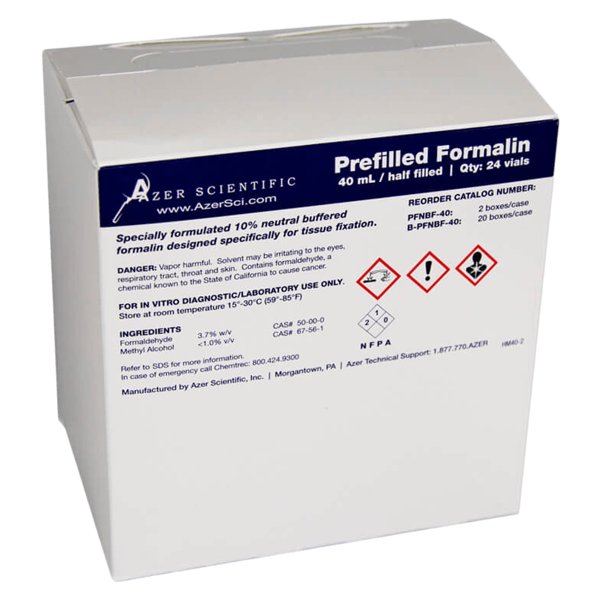 Azer Scientific Formalock Neutral Buffered Formalin, 10%, Prefilled Container, 40 mL, 480/Case