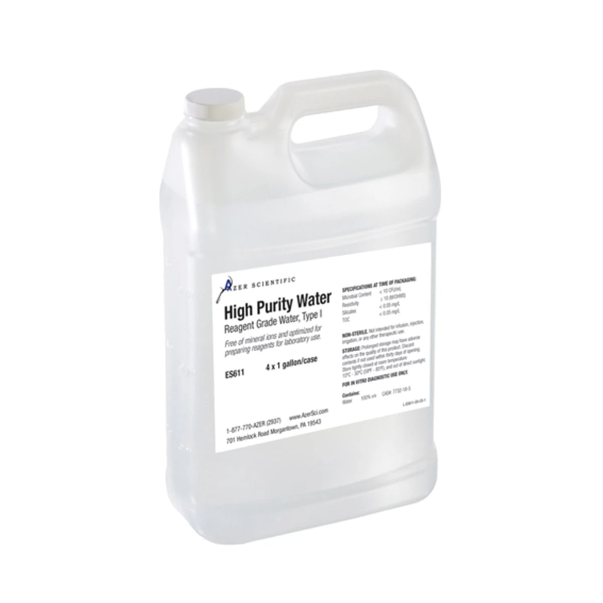 Azer Scientific High Purity Water, 1 Gallon Bottle, 4/Case