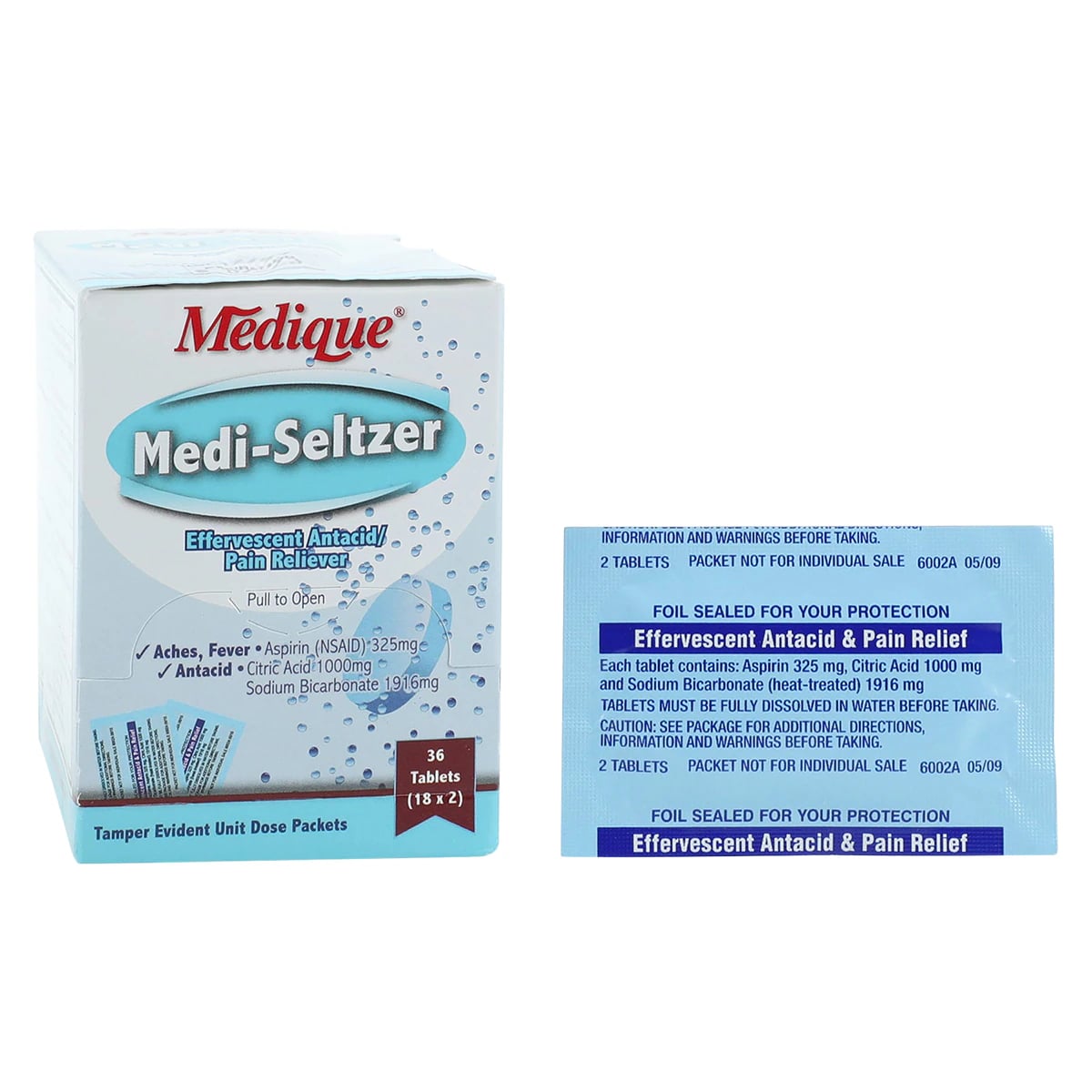 Medi-Seltzer Antacid Tablets, 325/1916/1000mg, 18 Strips x 2 Tablets/Strip, Box