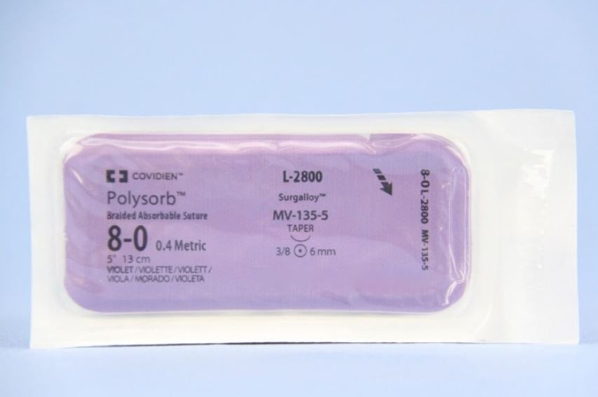 Medtronic Polysorb Absorbable Suture, 8-0, 5" Polyester Braid, Coated Violet, Taper Point 3/8 Circle Needle 6mm, MV-135-5, 12/Case