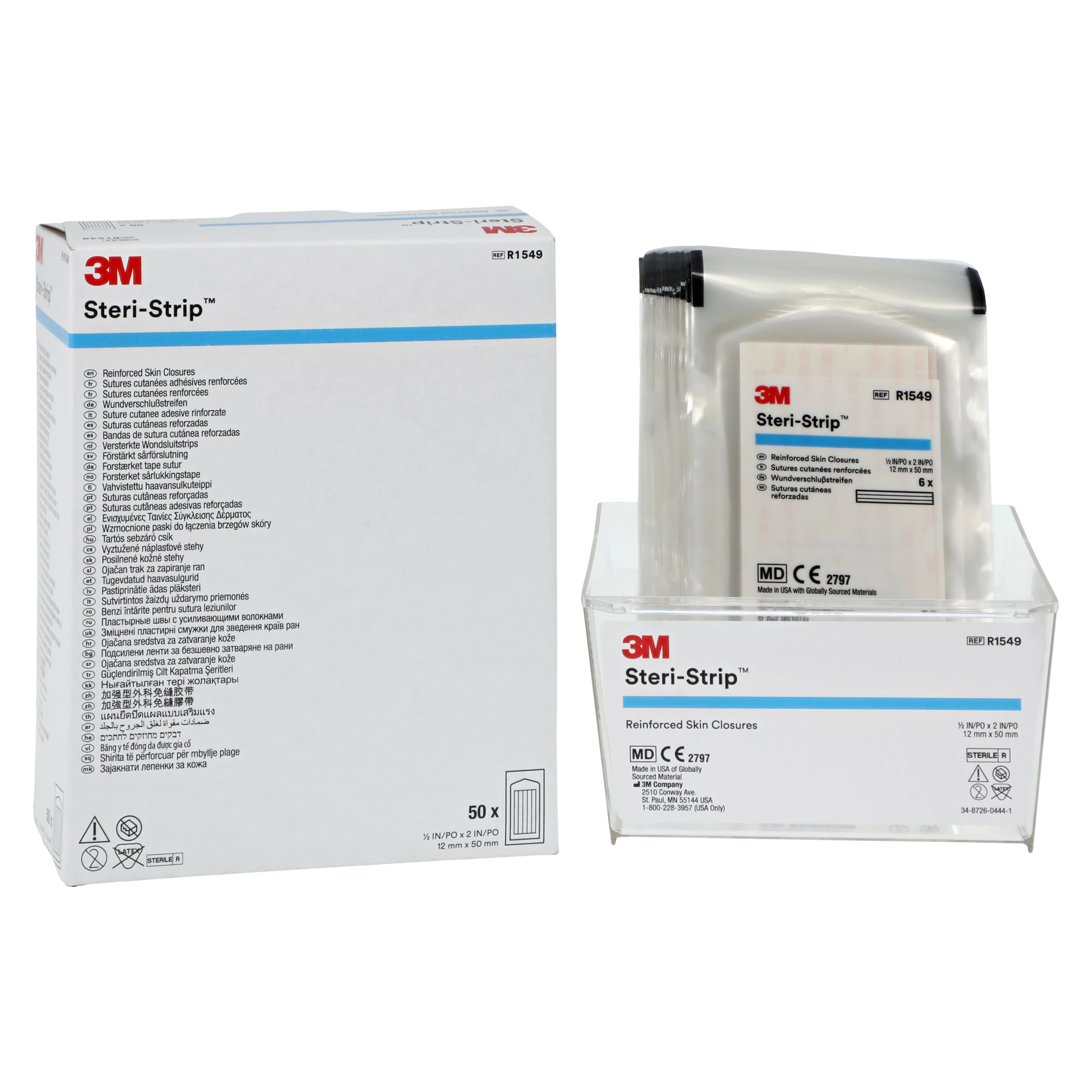 3M Steri-Strip Skin Closure Strip, 1/2" x 2", White, Sterile, 50/Box