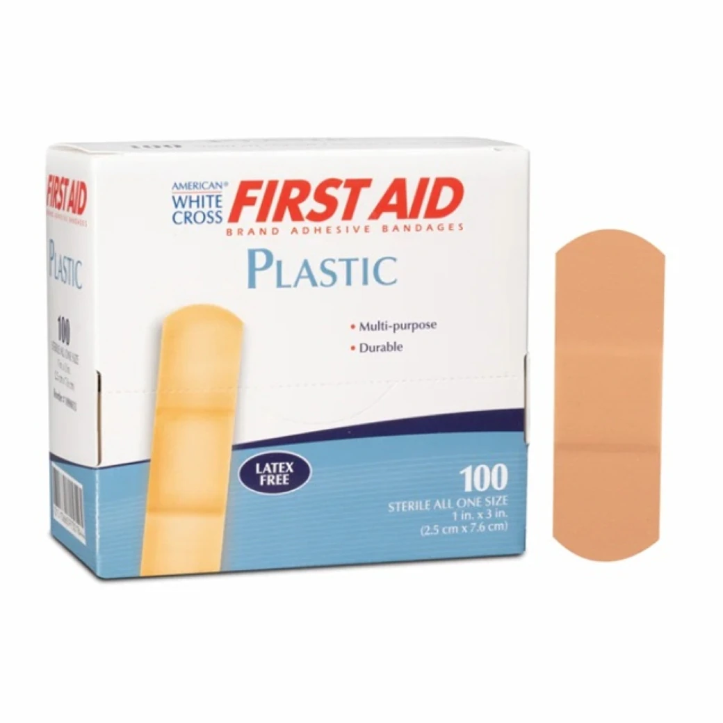 American White Cross First Aid Adhesive Bandage, Plastic, 1" x 3", Tan, Sterile, 1200/Case