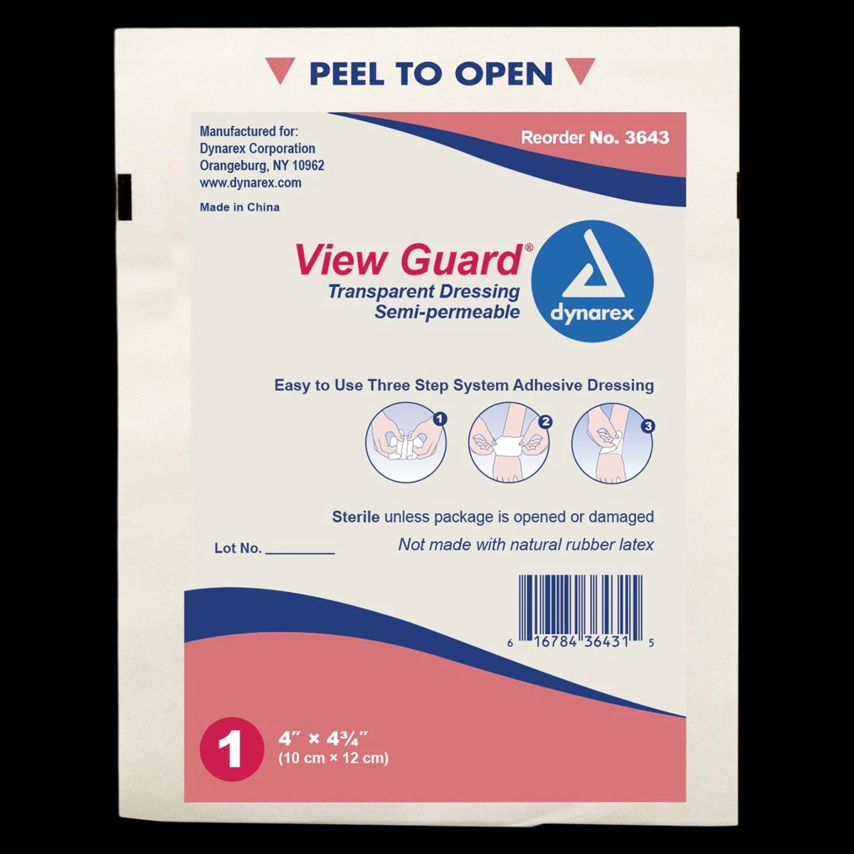 Dynarex ViewGuard Transparent Film Dressing, 4" x 4-3/4", Sterile, Box of 100