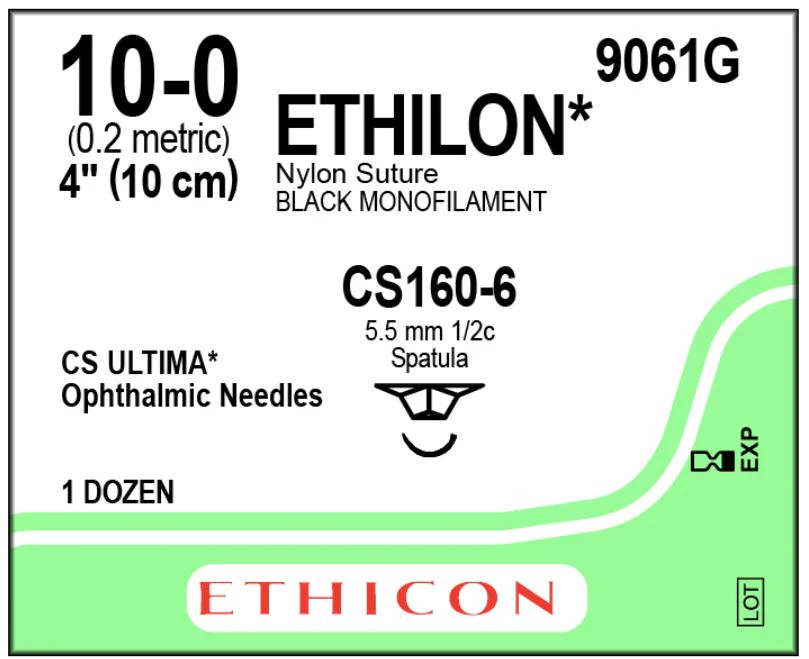 Ethicon Ethilon Nylon Monofilament Non-Absorbable Suture, Size 10-0, 4", Black, CS160-6 Ultima Spatula Needle, 1/2 Circle, 12/Box, 9061G