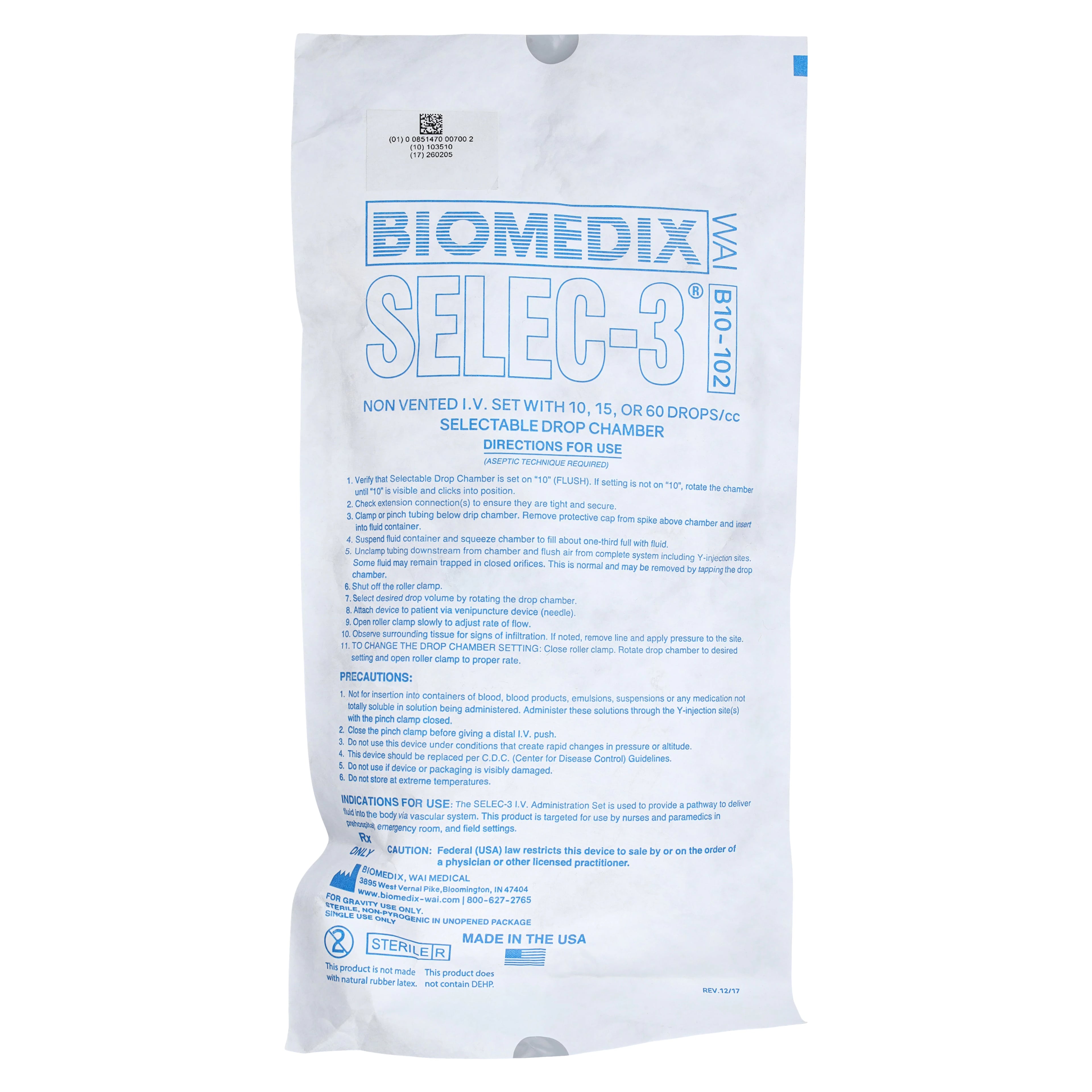 Biomedix Selec 3 IV Administration Set, Needleless, 2 Y-Injection Sites, 82", 10/15/60 Drops/mL, DEHP Free, Sterile, Each