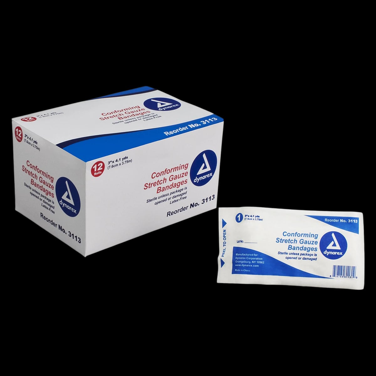 Dynarex Stretch Gauze Bandage Roll, Sterile, 3" x 4.1 yd, 12/Box, #3113