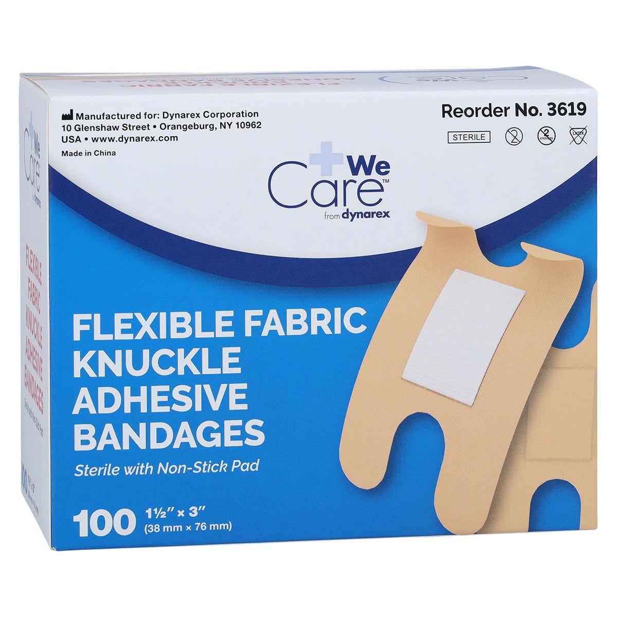 DynaSafety Fabric Adhesive Bandage, Knuckle, 1.5" x 3", Flesh, Sterile, 100/Box
