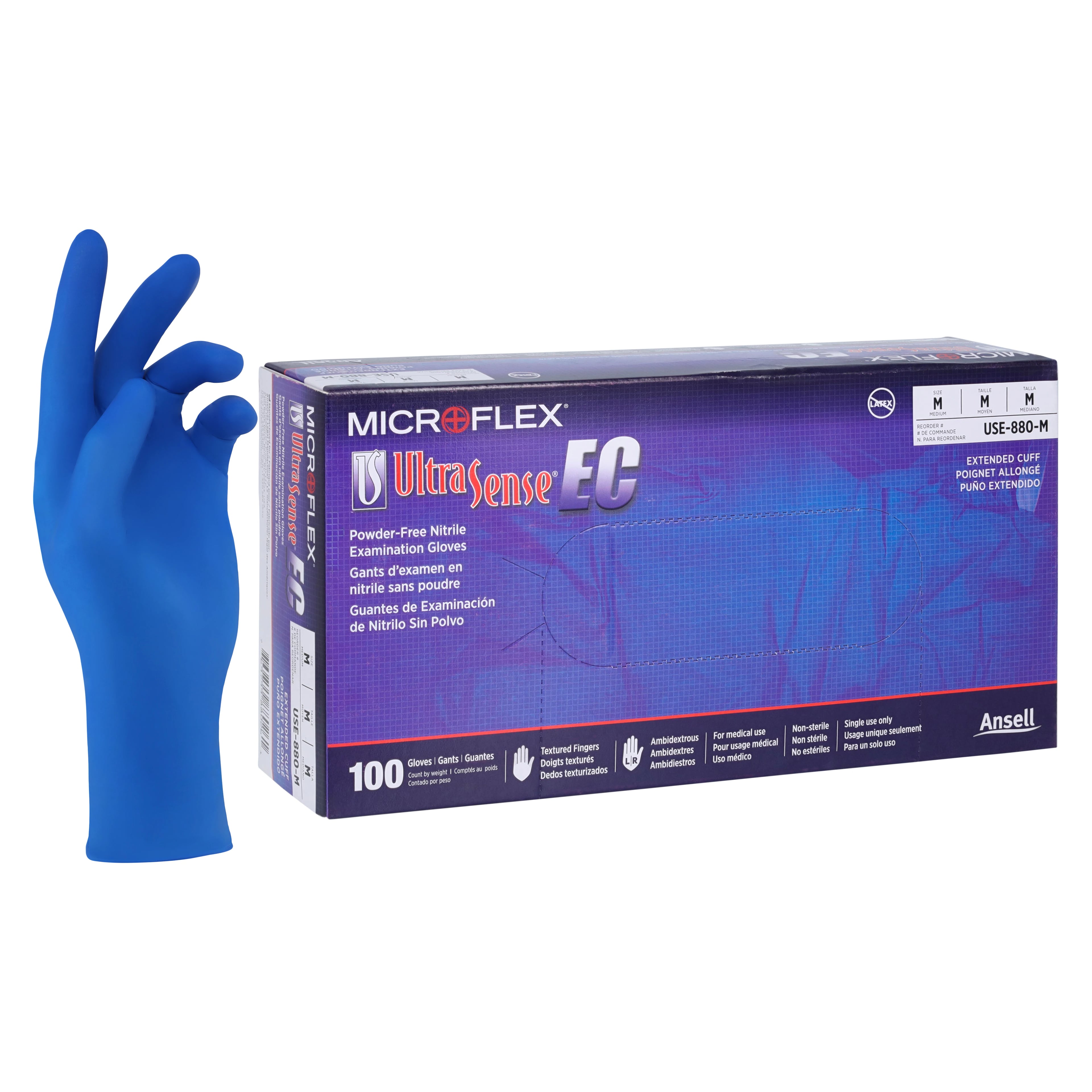 UltraSense® EC Nitrile Exam Gloves, Powder Free, Latex Free, Non-Sterile, Textured, Beaded Cuff, Extended Cuff, Medium, Blue, 100/Box, USE-880