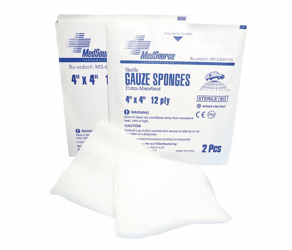 Medsource International Gauze Pad, Cotton, Sterile, 12-Ply, 4x4", 2/Pack