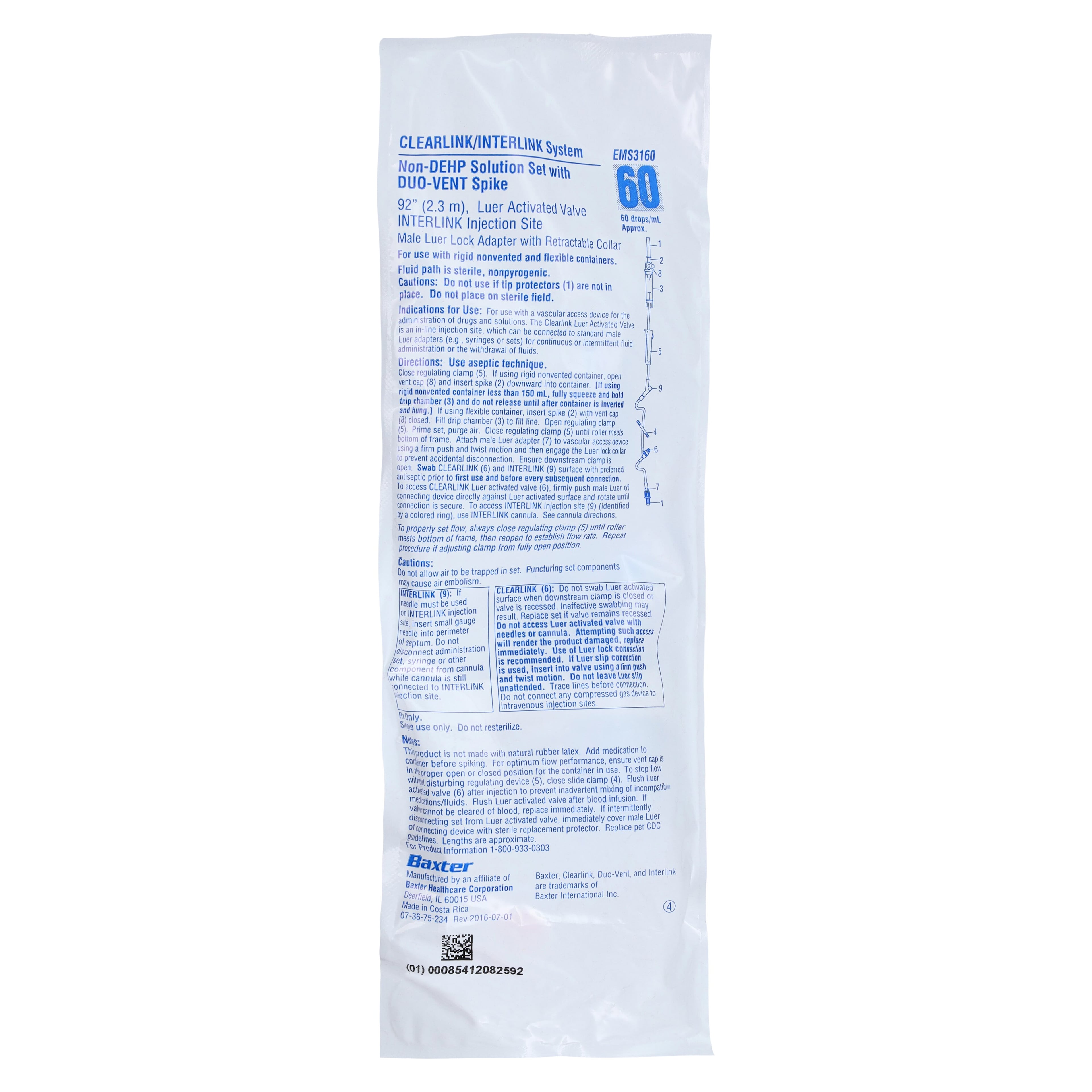 Baxter Clearlink/Interlink IV Duo 60D EMS IV Solution Set, 60 Drops/mL, 92" Male Luer Lock, Sterile, Latex-Free
