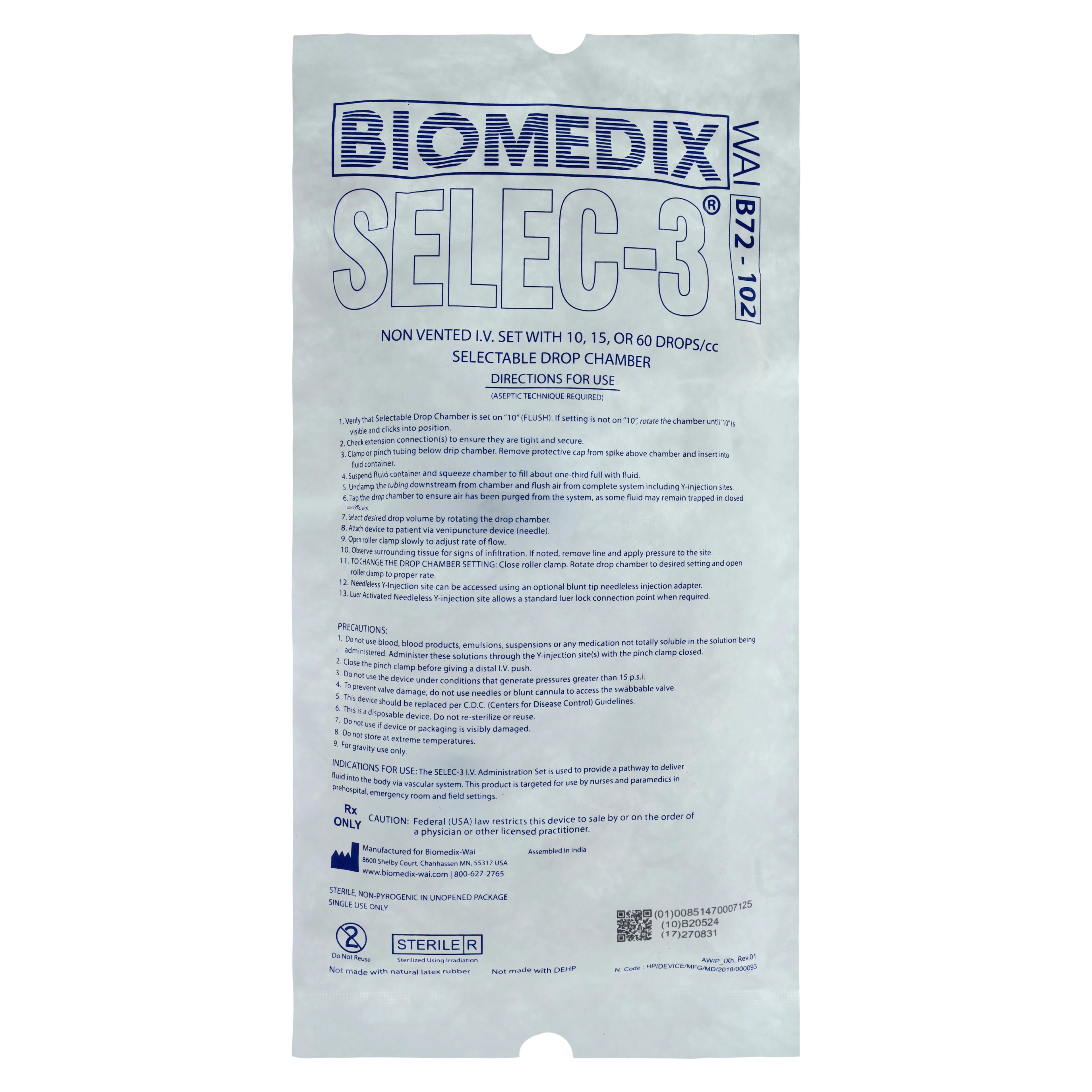 Biomedix Selec-3 IV Administration Set, Needleless Y-Injection Site, Multidrop, 82" SPIN-LOCK Connector, Primary Infusion, Pinch Clamp, Luer Activated Valve, DEHP Free, Sterile, Each