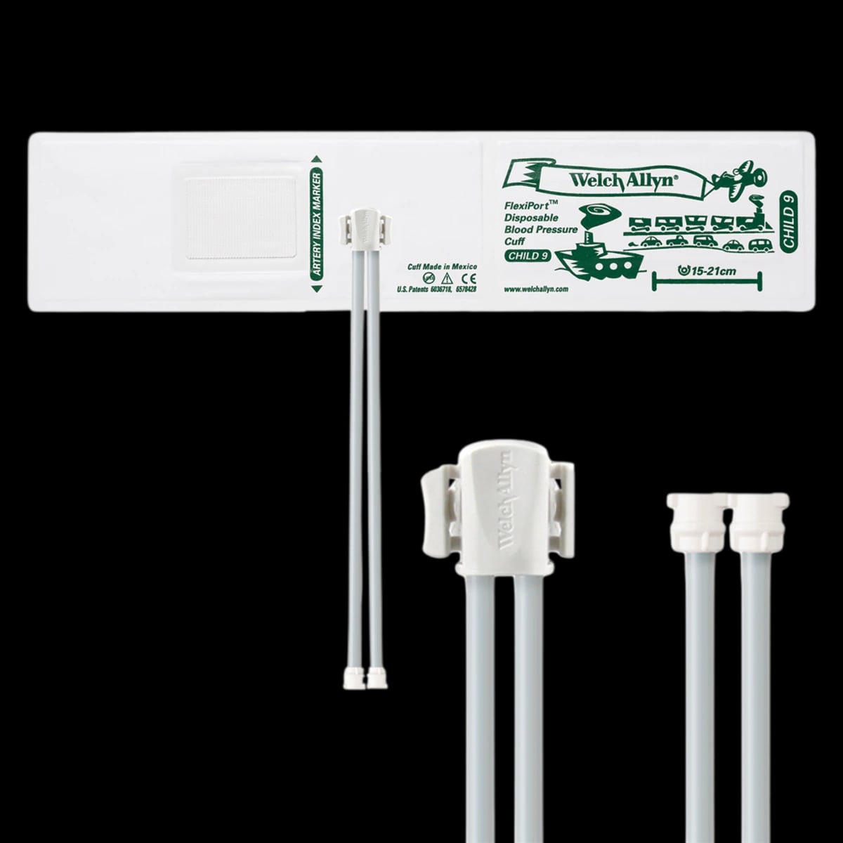Welch Allyn FlexiPort Disposable Blood Pressure Cuff, Size 9, White/Green, Latex-Free, 20/Box