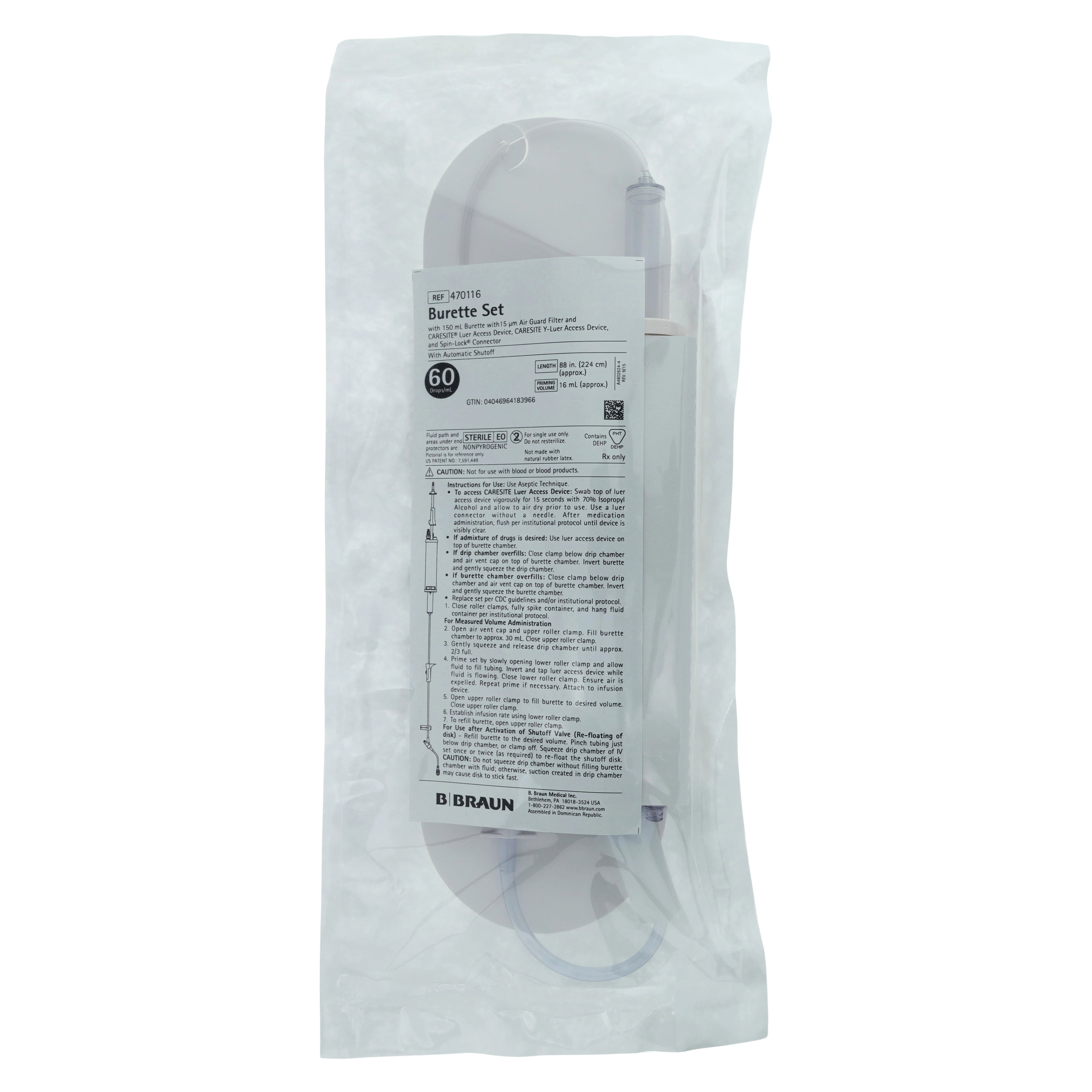 B. Braun Caresite Burette Set, 150mL Burette Chamber, 88" PVC Tubing, 60 Drops/mL, Sterile, 20/Case