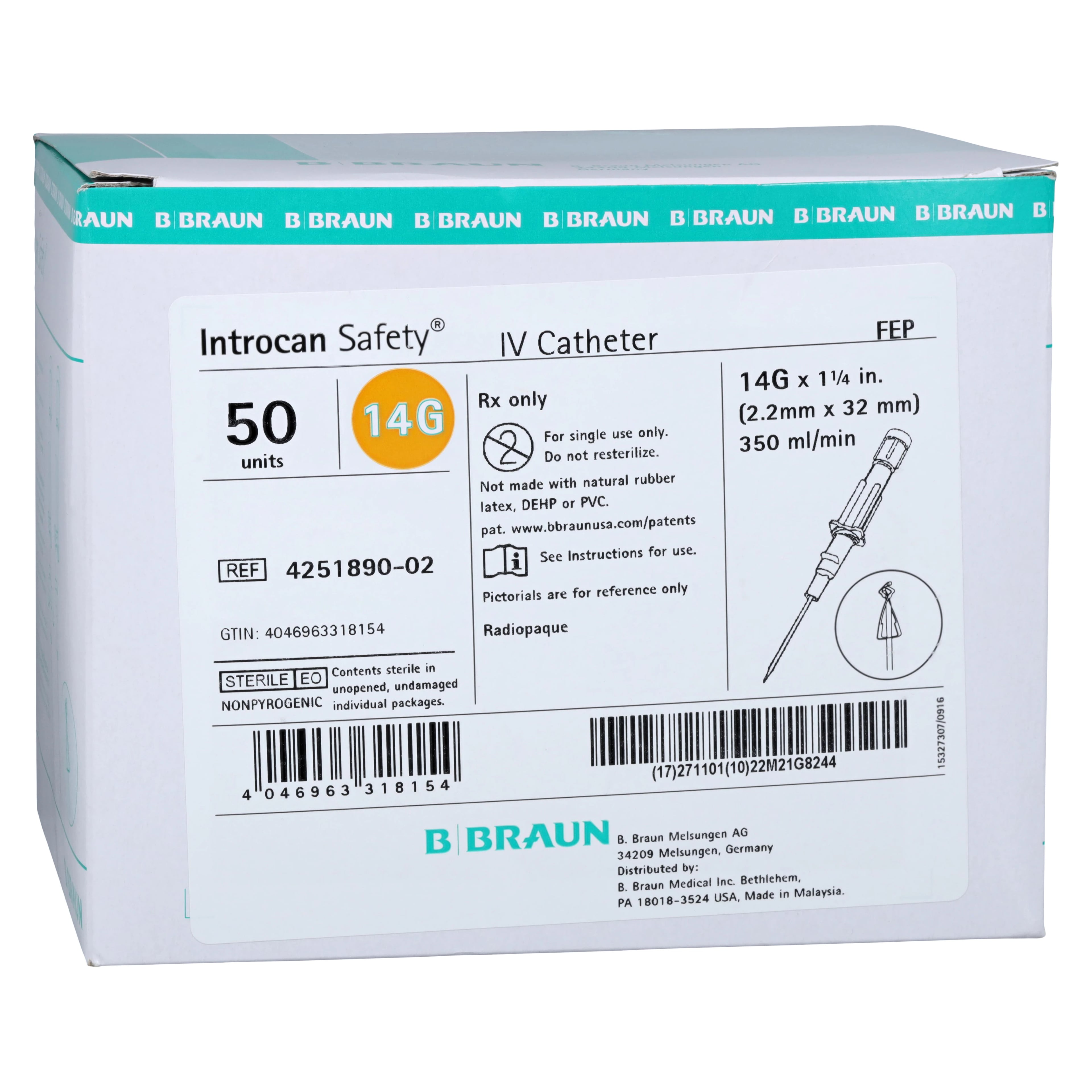 B. Braun Introcan Safety IV Catheter, 14 Gauge, 1-1/4", Straight, Orange, Sterile, 50/Box
