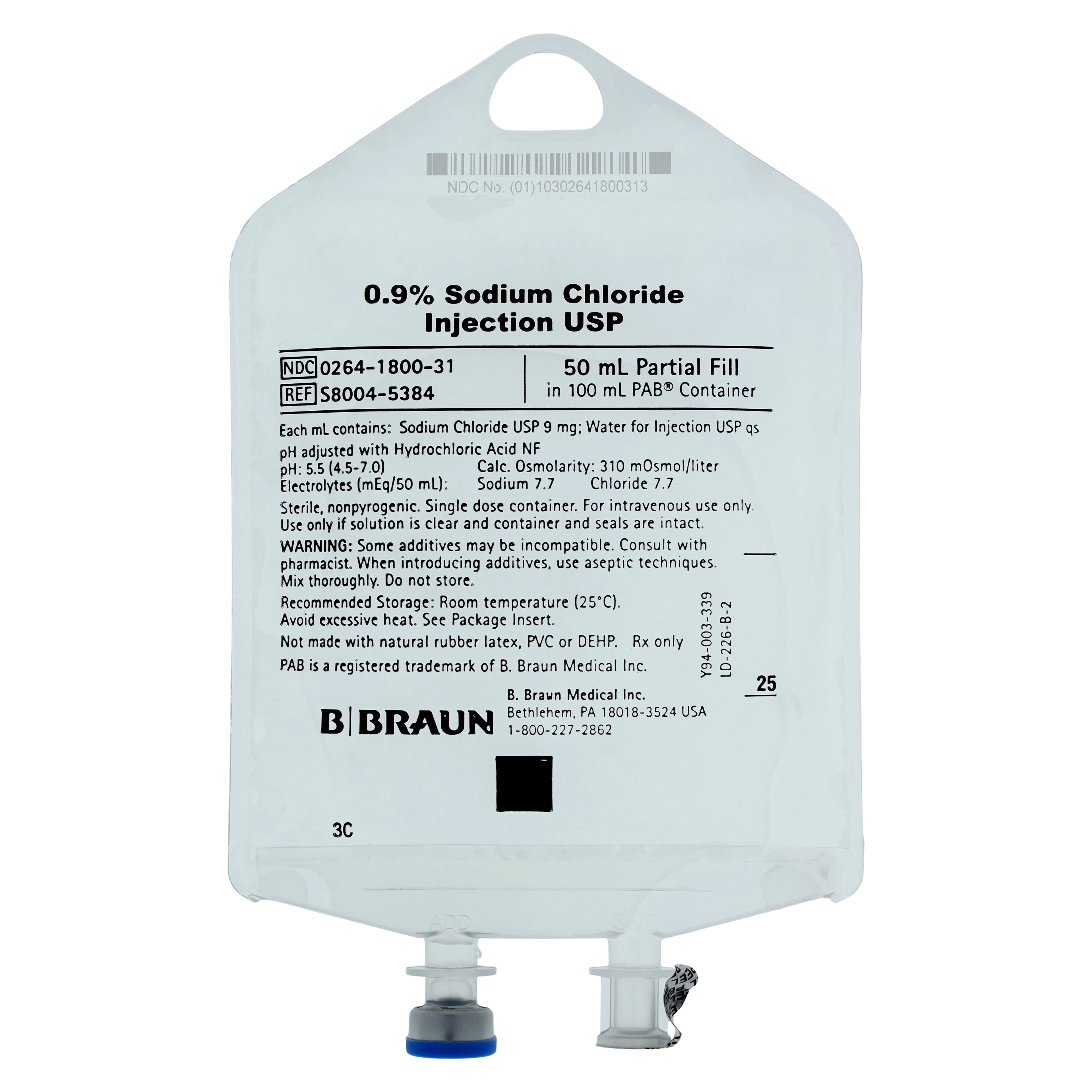 B. Braun Medical 0.9% Sodium Chloride Injections USP, 50mL Partial Additive Bag, Sterile, DEHP-Free, Latex-Free