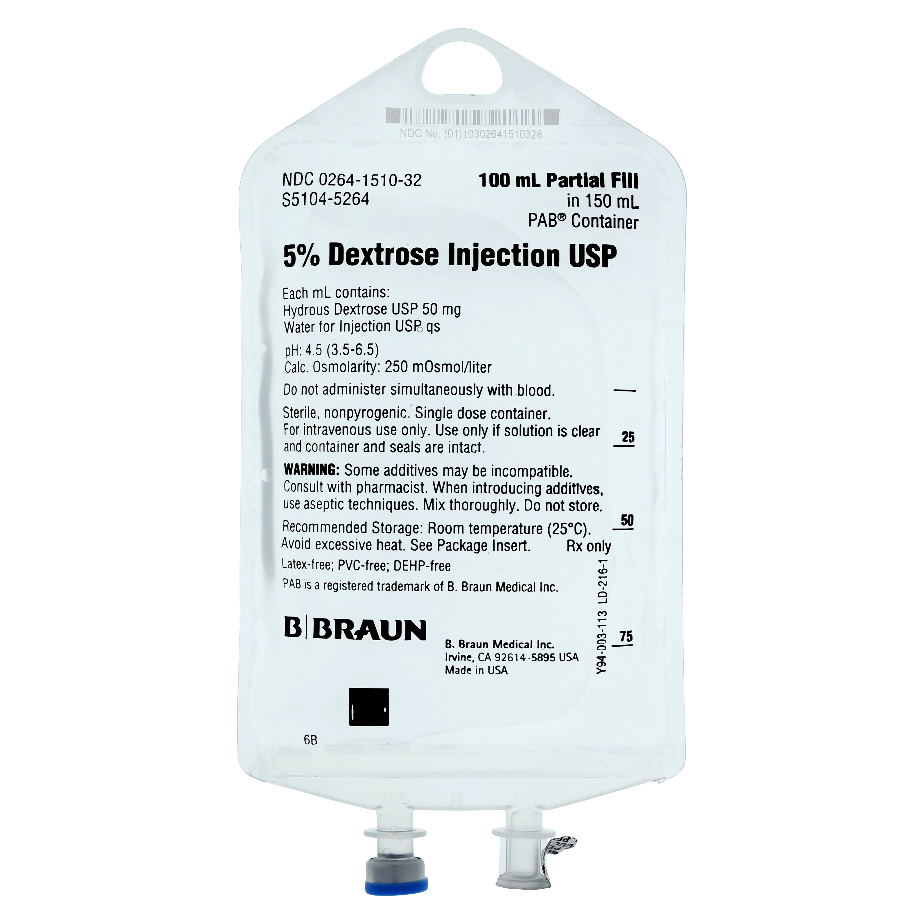 Dextrose 5% Injection USP, 100 mL, Partial Fill Flexible Bag, DEHP-Free, Sterile, Each
