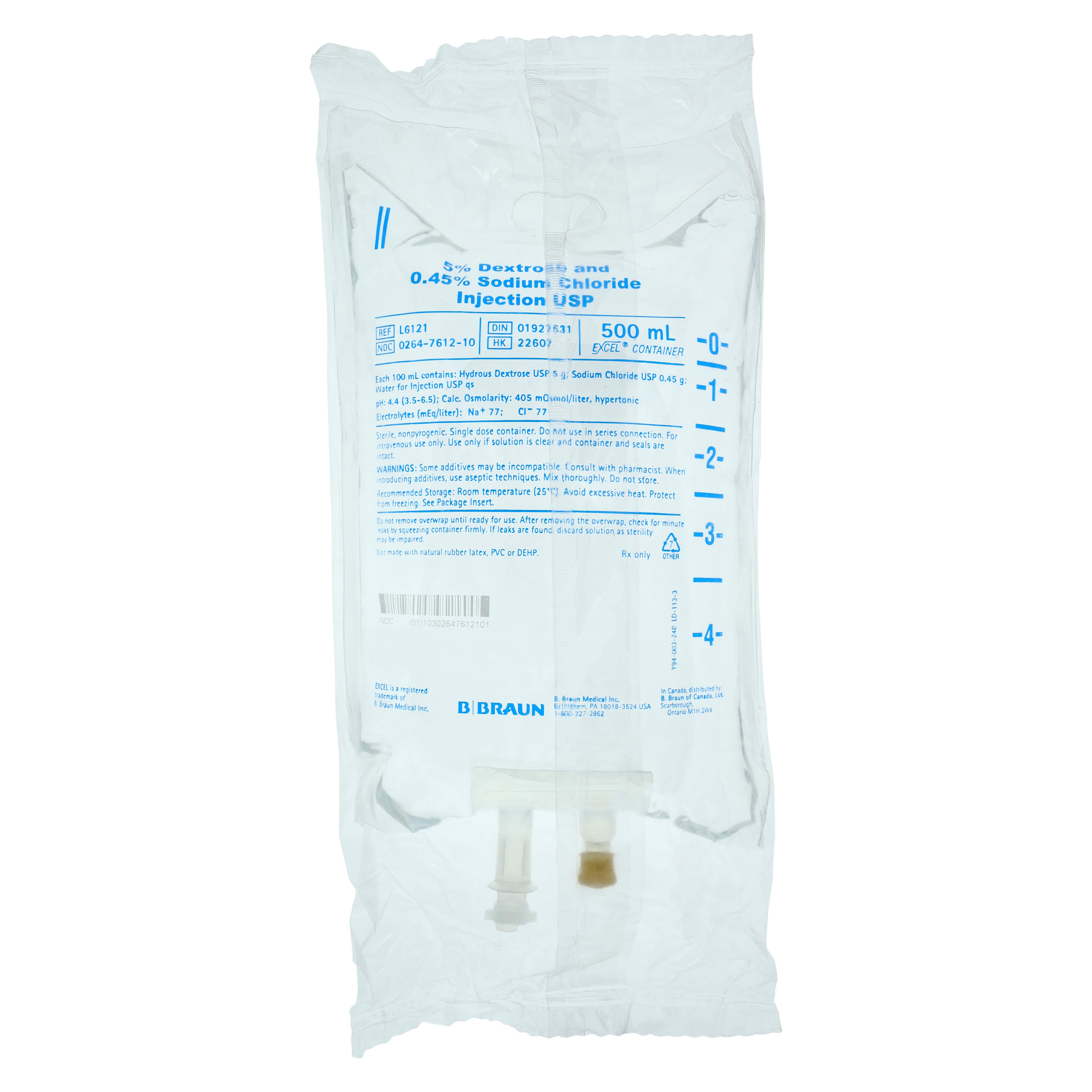 B. Braun 5% Dextrose and 0.45% Sodium Chloride Injection, USP, Viaflex Plastic Container, 500 mL, L6121