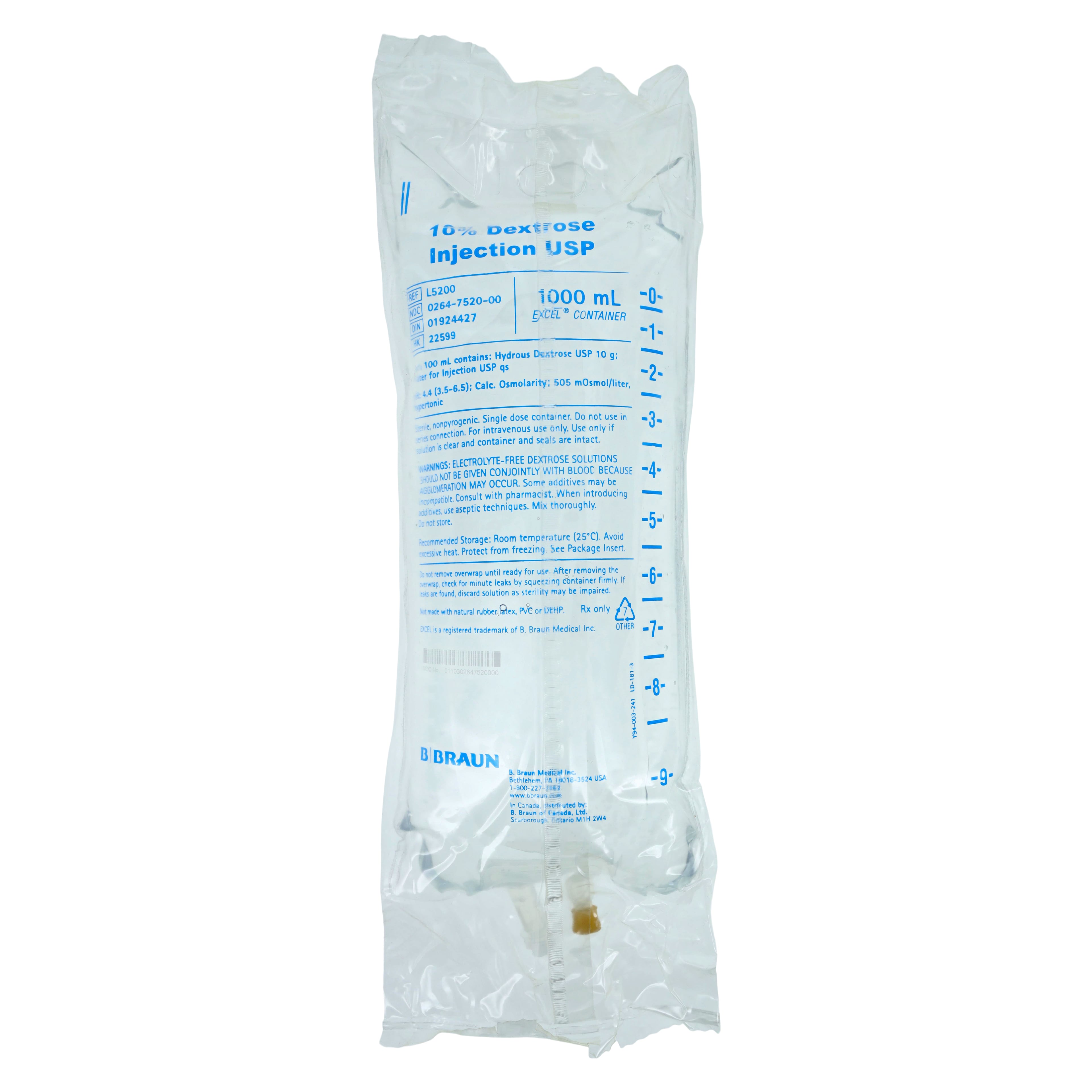 Dextrose 10% in Water Injection, USP, 1000 mL, Excel IV Container, DEHP-Free, Sterile, 12/Case