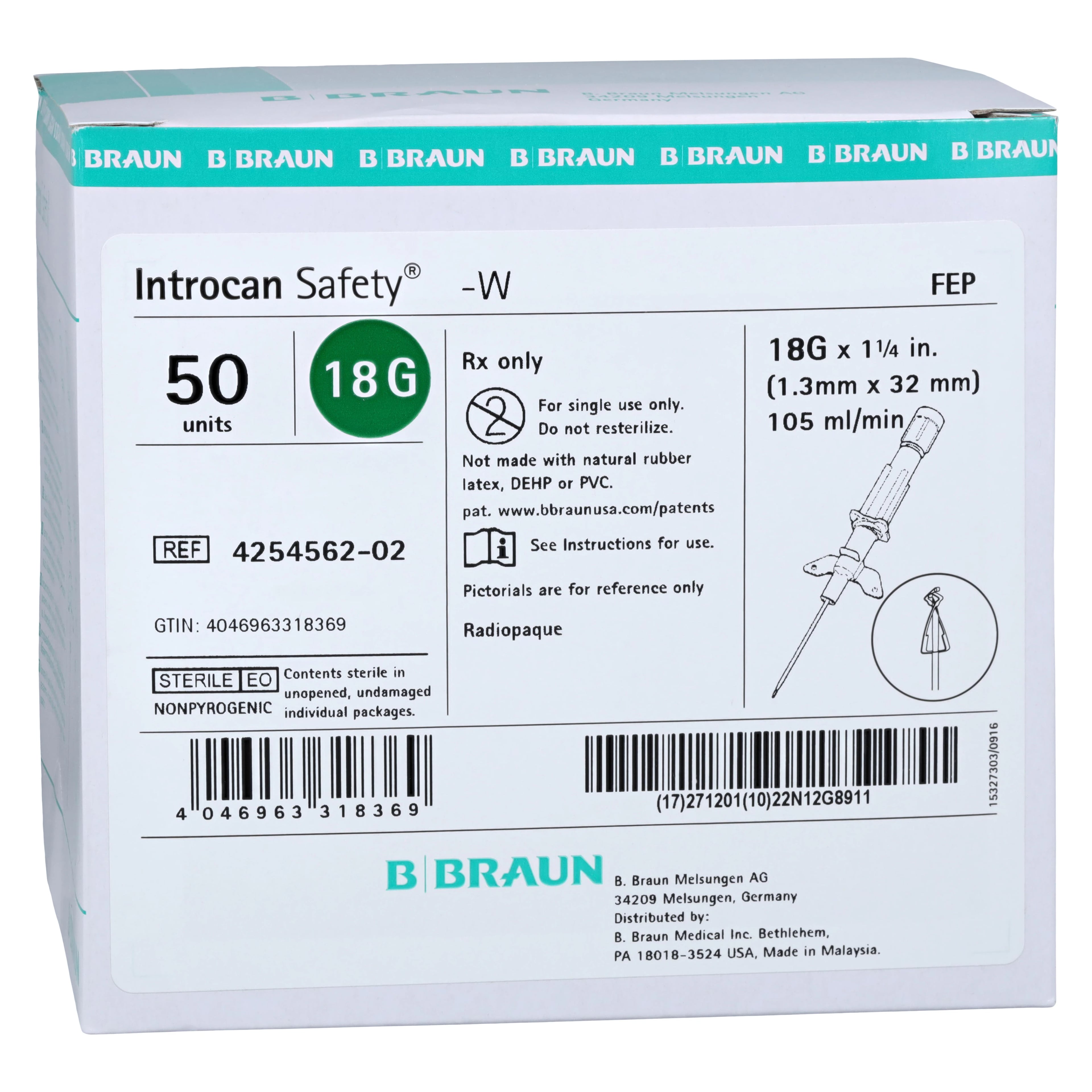 Introcan Safety IV Catheter with Wings, 18 Gauge, 1-1/4", Teflon, Non-DEHP/Non-PVC, Sterile, Green, 50/Box
