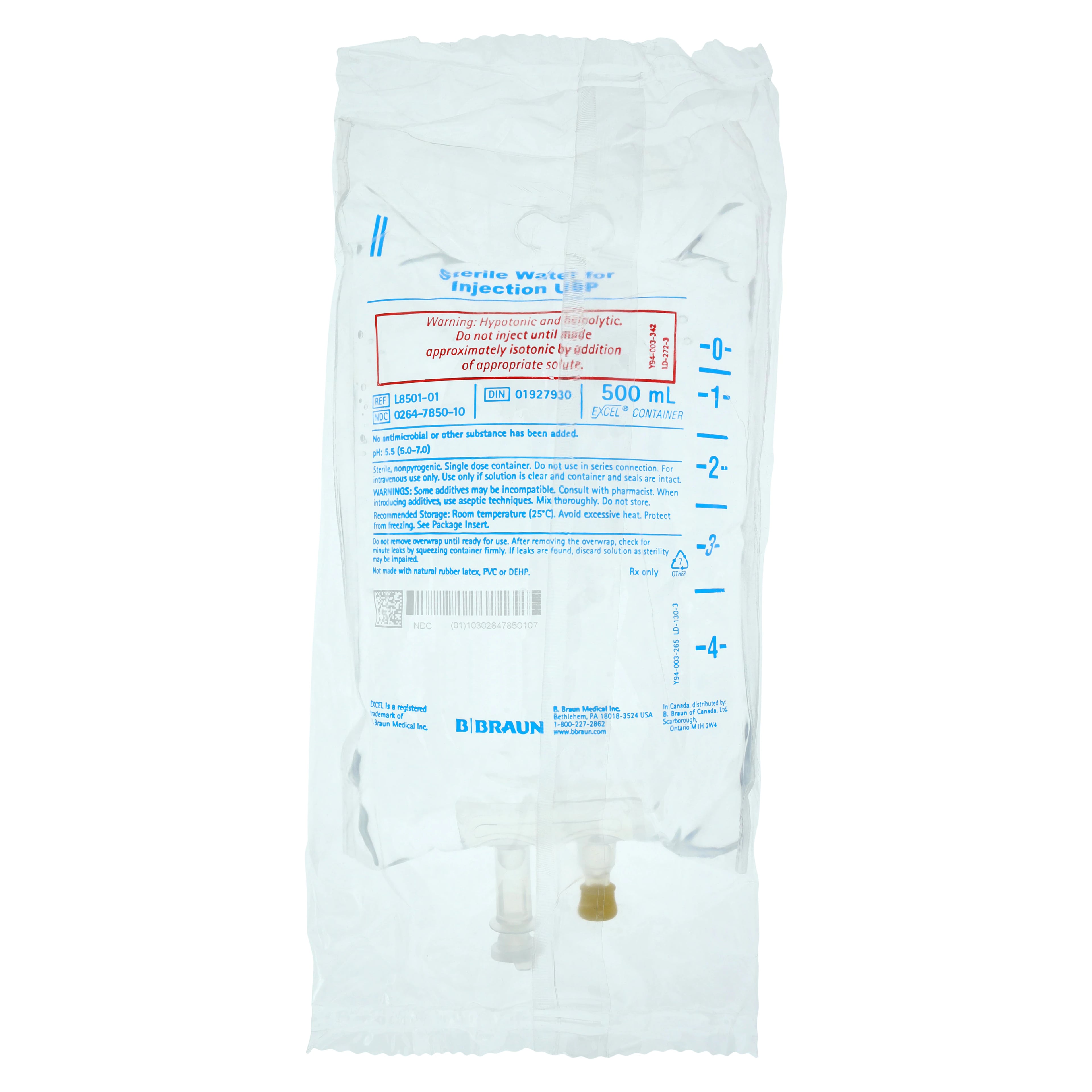 B. Braun Sterile Water for Injection USP, 500 mL Flexible Plastic IV Bag, L8501-01