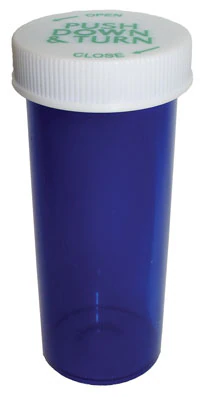 Clarke Container Medicine Vial, Push & Turn Child Resistant, 60 Dram, Blue, Reusable, Non-Sterile, 115/Case