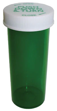 Clarke Container 13 Dram Plastic Medicine Vial, Push & Turn Child Resistant Cap, Green, Reusable, Non-Sterile, 320/Case