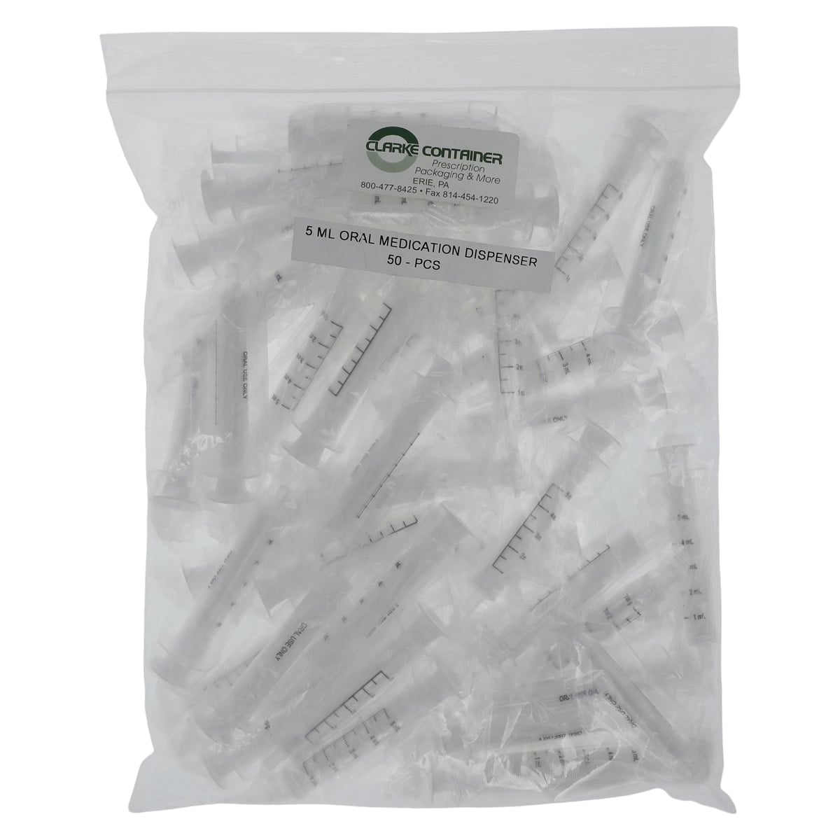 Oral Medication Dispenser Syringe, Plastic, 5 mL, Transparent, Reusable, 50/Package