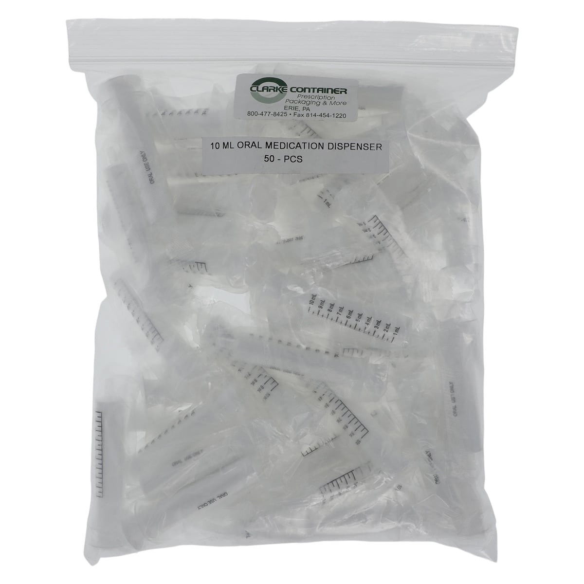 Oral Medication Dispenser Syringe, Plastic, 10 mL, Transparent, Reusable, 50/Package