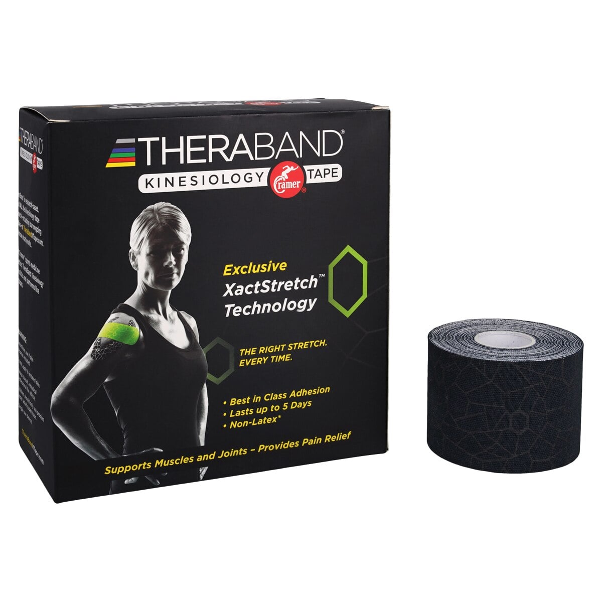 TheraBand K Tape Kinesiology Tape, Cotton/Spandex, 2" x 16.4', Black, Latex-Free, 6 Roll/Box