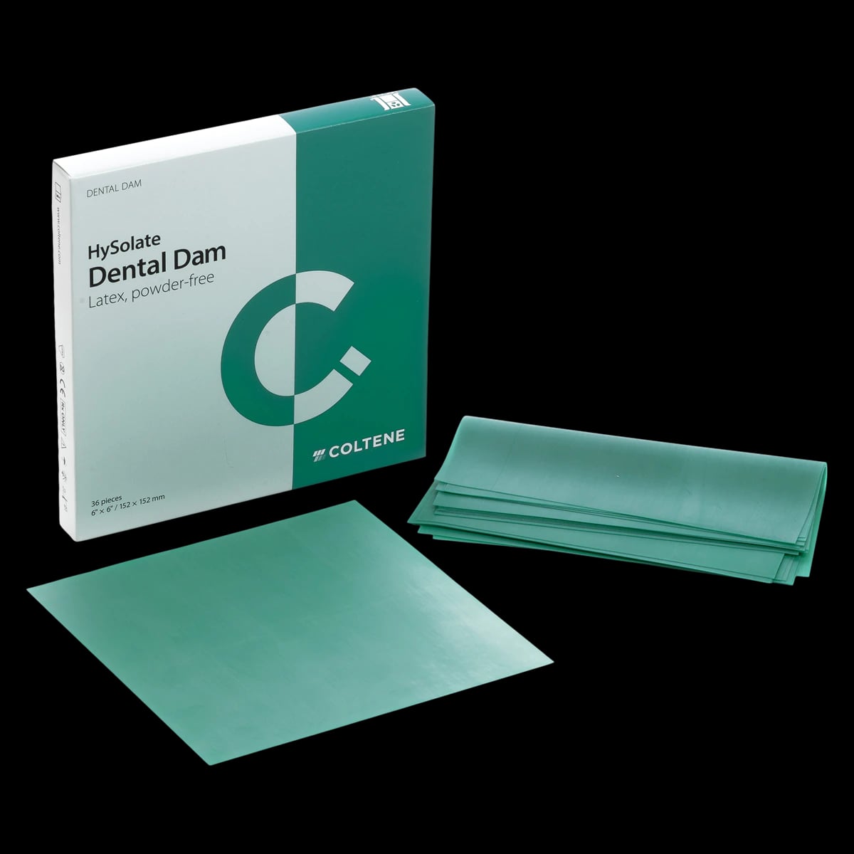 HySolate Latex Dental Dam, 6" x 6" (152 x 152 mm), Medium Gauge, Green, Powder-Free, 360/Box, 60034423