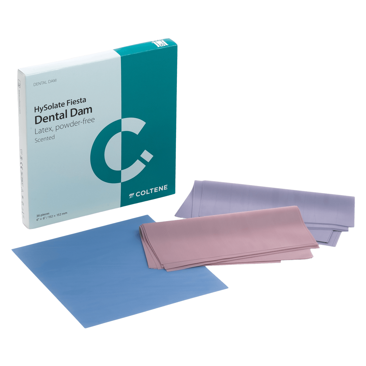 HySolate Fiesta Latex Dental Dam, Thin, Assorted Colors, Fruit Scented, 6" x 6" (152 x 152 mm), 36/Box, 60034433