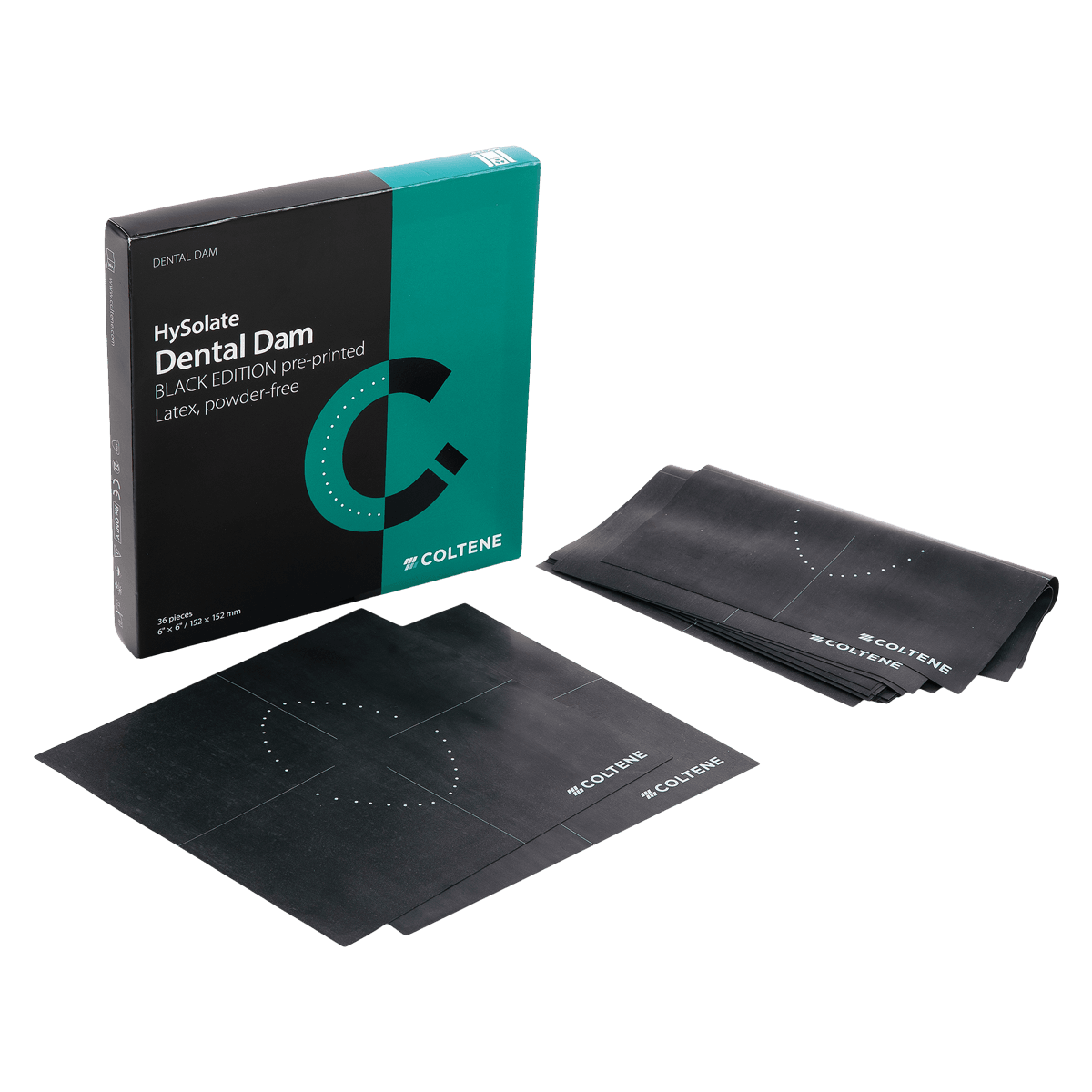 HySolate Latex Dental Dam, 6" x 6" (152 x 152 mm), Medium, Black, Pre-Printed, Powder-Free, 360/Box, 60031355