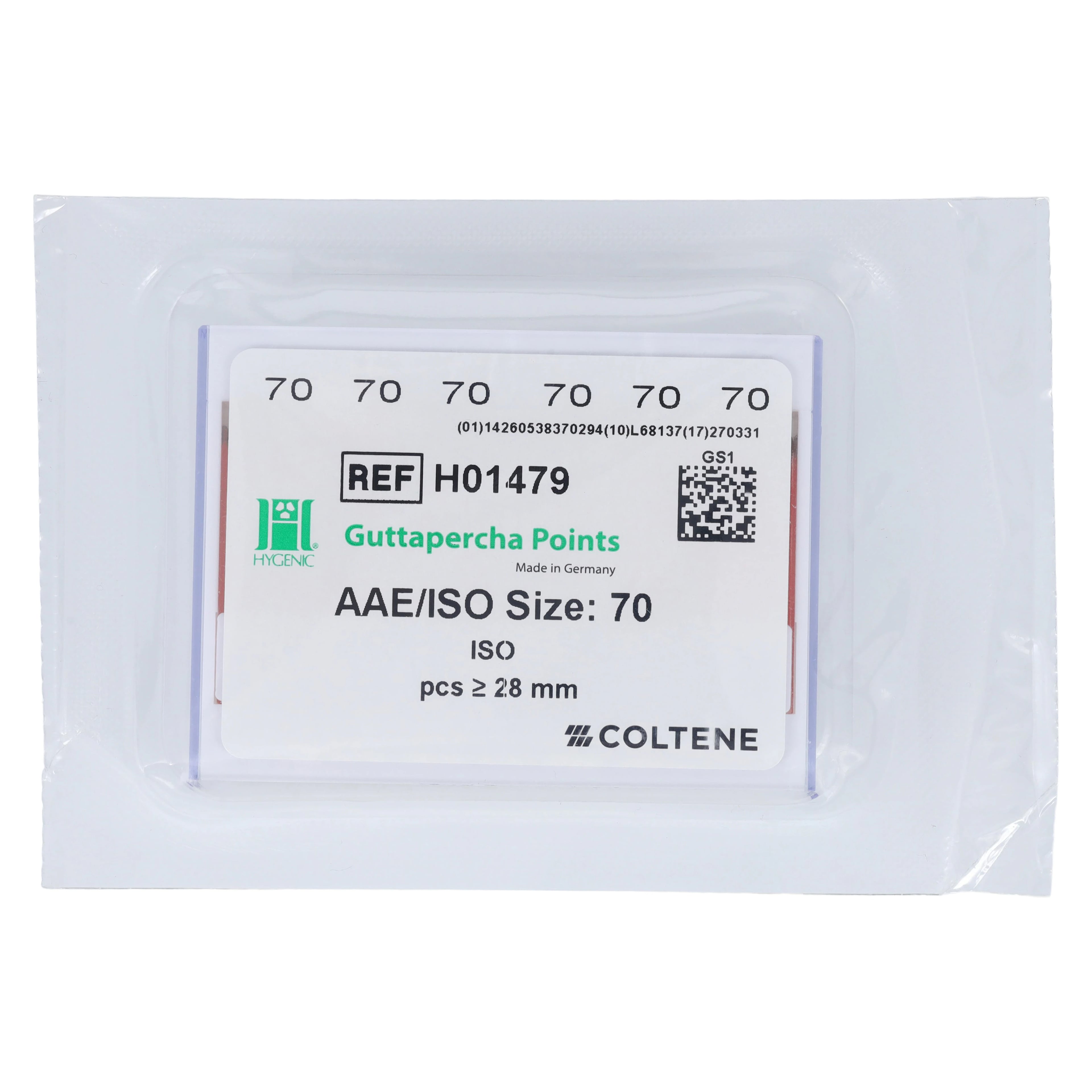 Hygenic Gutta-Percha Points, ISO Size 70, Pink, 28mm, 0.02 Taper, Box of 100 (5 Vials of 20)