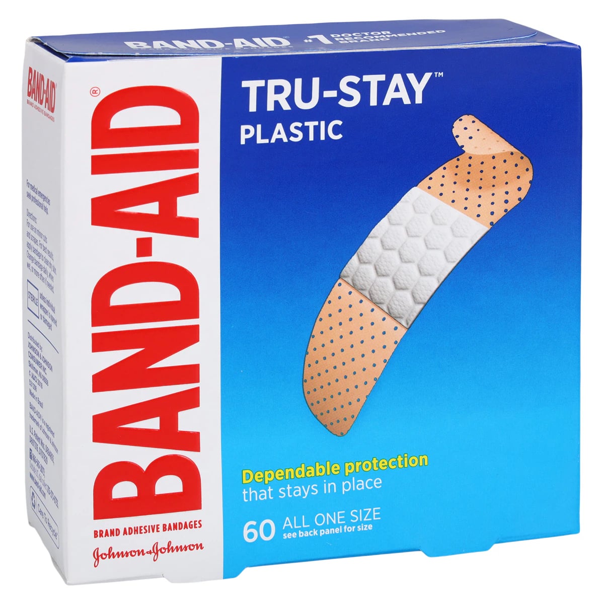 Band-Aid Tru-Stay Plastic Strip Adhesive Bandage, 3/4" x 3", Tan, Sterile, 60/Box