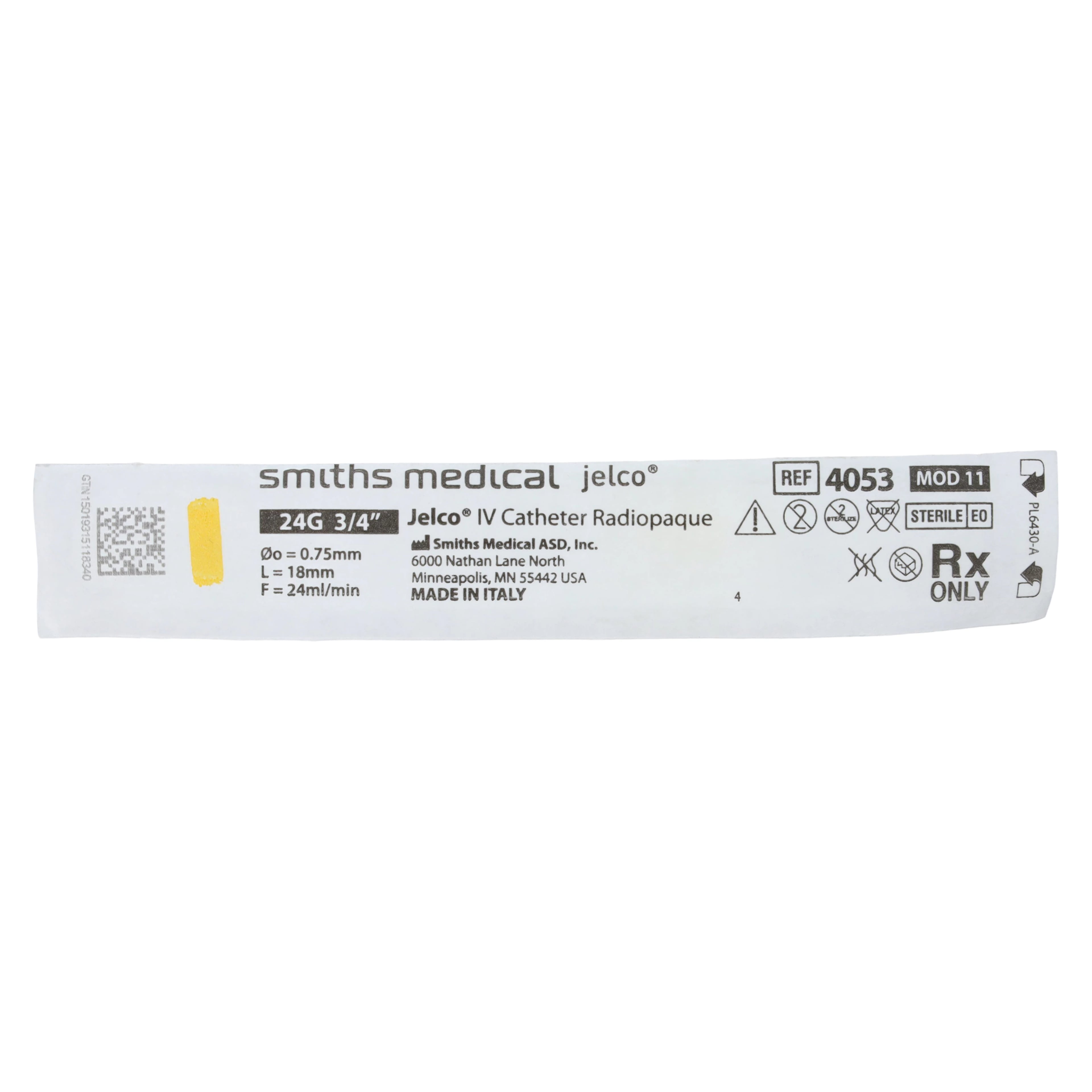 Jelco Peripheral IV Catheter, 24 Gauge, 3/4", Radiopaque, Straight with Wings, Sterile, Single