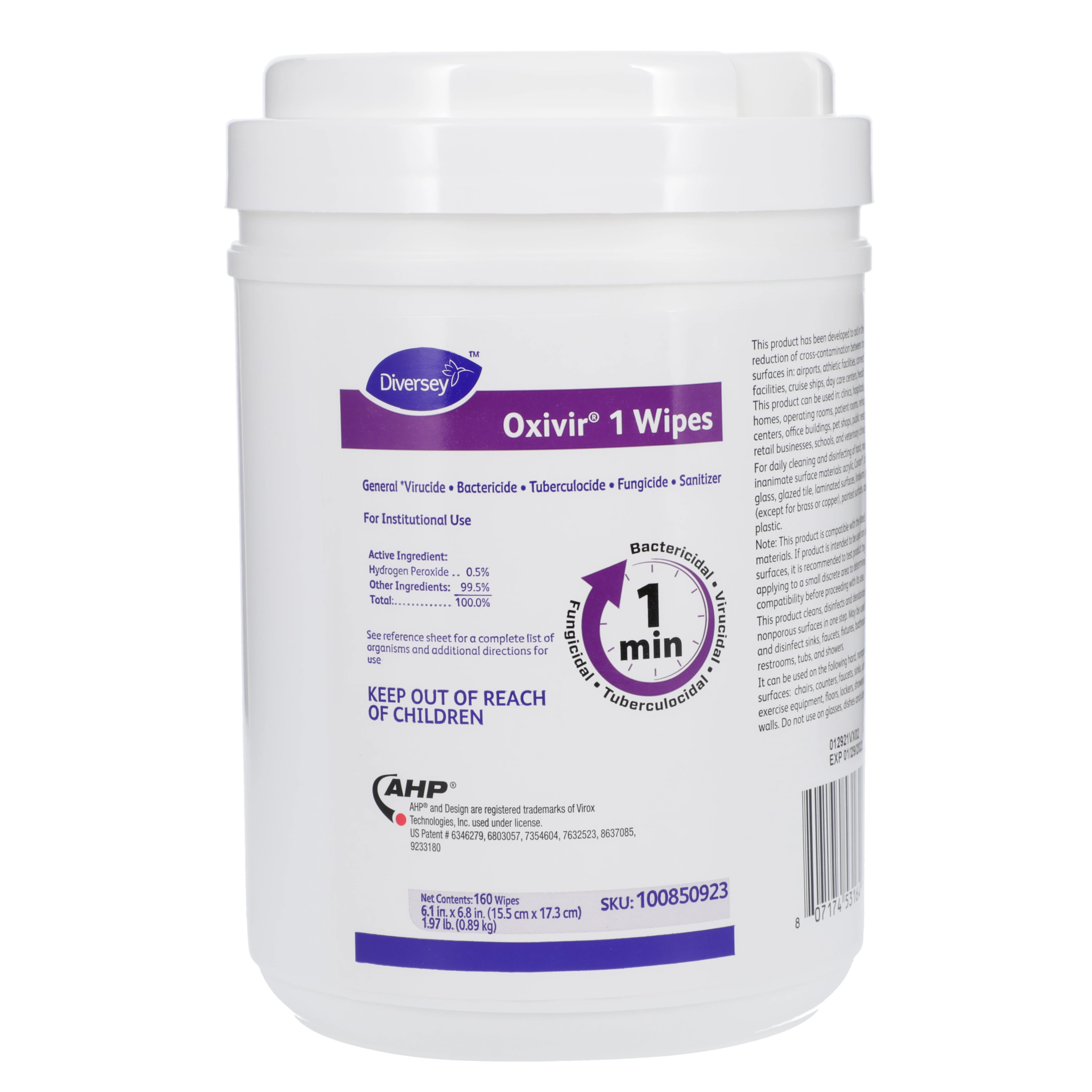 Diversey Oxivir 1 Disinfectant Wipes, 6" x 7", 160/Canister, 100850923