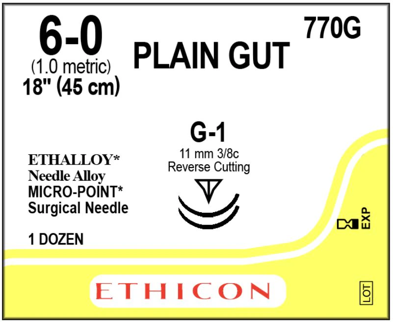 Ethicon Plain Gut Surgical Suture, 6-0, 18", G-1 Reverse Cutting Needle, 3/8 Circle, 11mm, 12/Bx, 770G