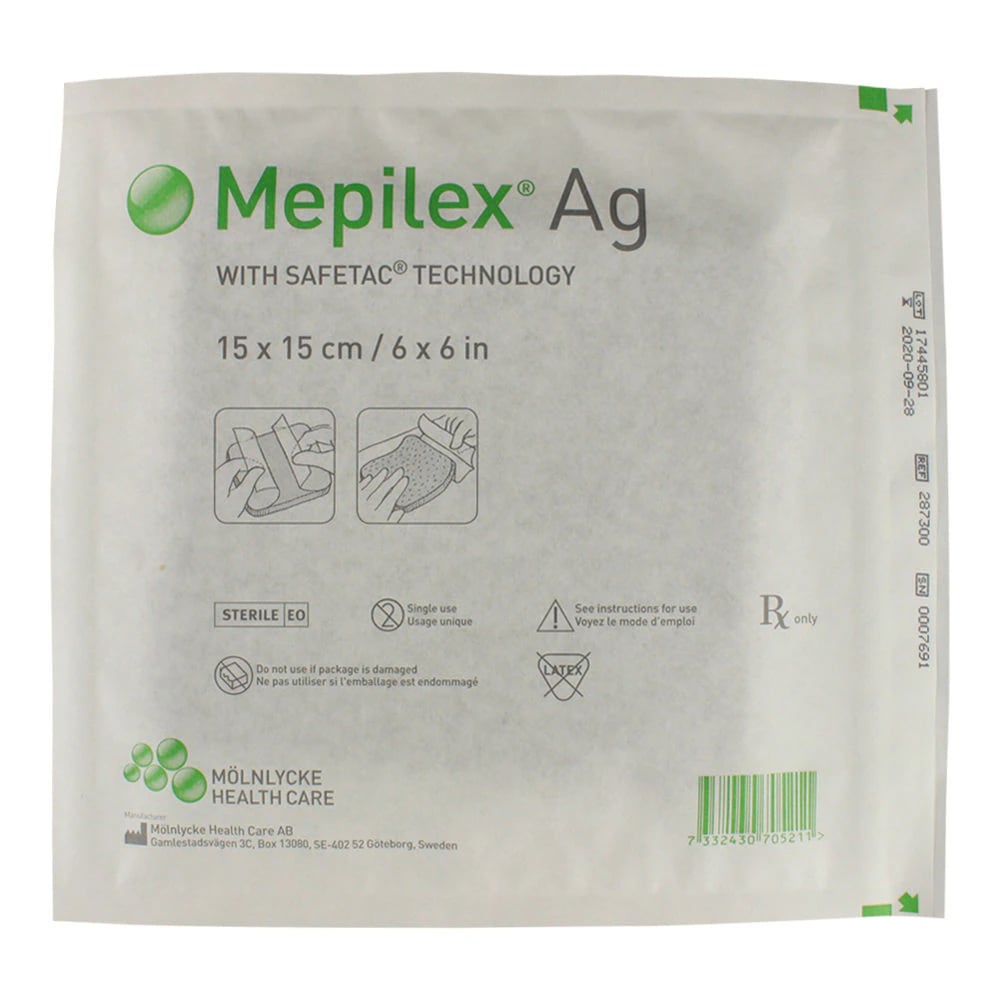 Mepilex Ag Polyurethane Foam Dressing, 6x6" Sterile, Mildly Adhesive, Gentle Adherent, Latex-Free