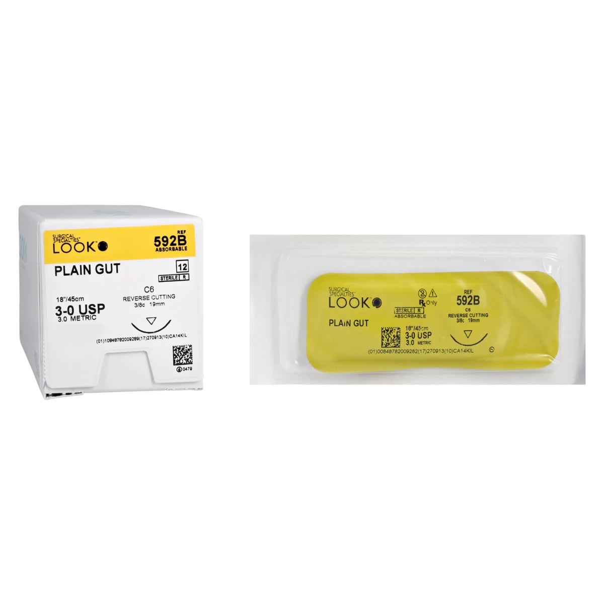 Look Plain Gut Absorbable Suture, 3-0, 18", C-6 Reverse Cutting Needle, 19 mm 3/8 Circle, Beige, 12/Box, 592B