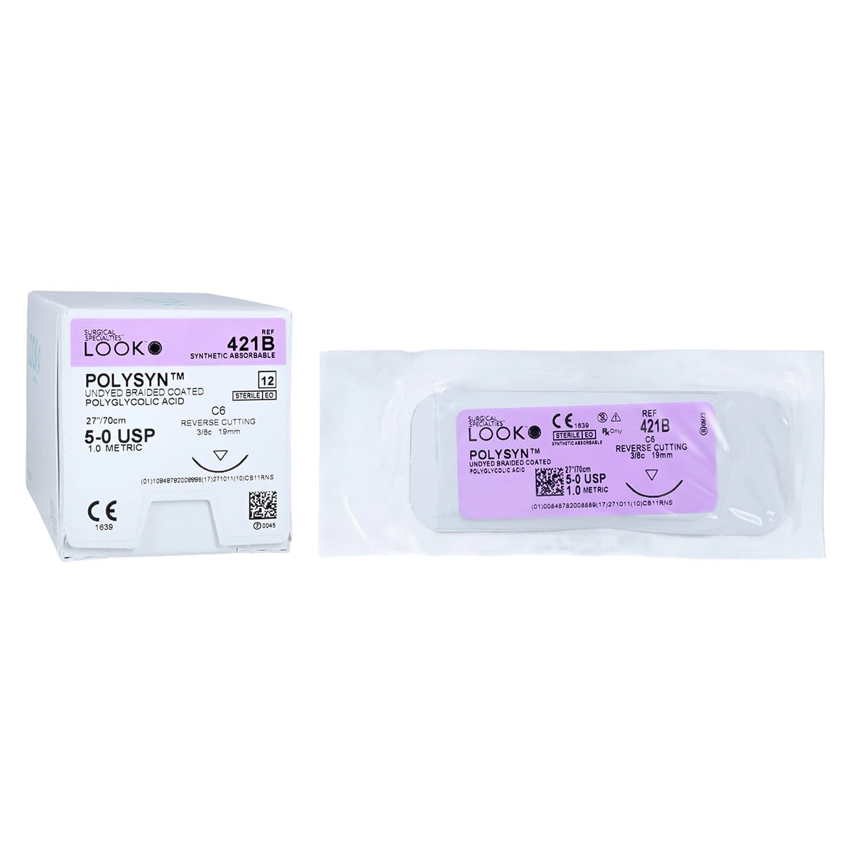 LOOK™ PolySyn™ Absorbable Braided Suture, 5-0, Polyglycolic Acid (PGA), Undyed, C-6 Reverse Cutting Needle, 3/8 Circle, 19 mm, 27", 12/Box, 421B