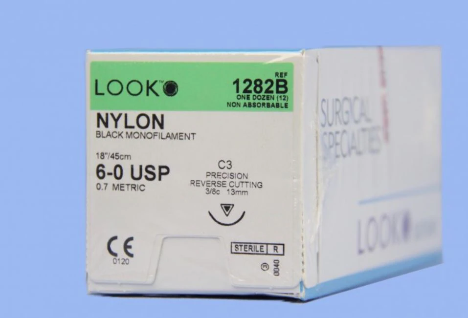Look Nylon Black Monofilament Suture, 6-0, 18" (45 cm), C3 Precision Reverse Cutting 3/8 Circle 13mm Needle, 12/Box, 1282B