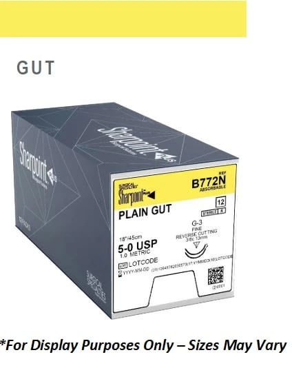 LOOK™ Sharpoint™ Plain Gut Suture, 5-0, 27" (70 cm), C-6 Reverse Cutting Needle, 3/8 Circle, 18 mm, Beige, 12/Box, 550B