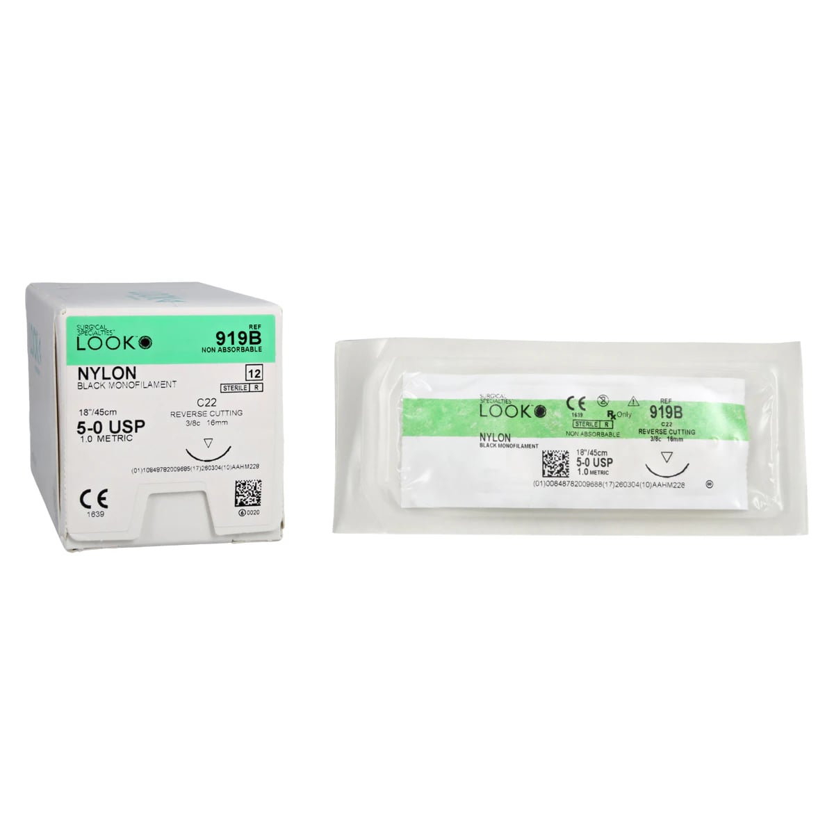 Look 919B Nylon Suture, 5-0, Black Monofilament, 18" (45 cm), C22 Reverse Cutting Needle (16 mm, 3/8 Circle), 12/Bx
