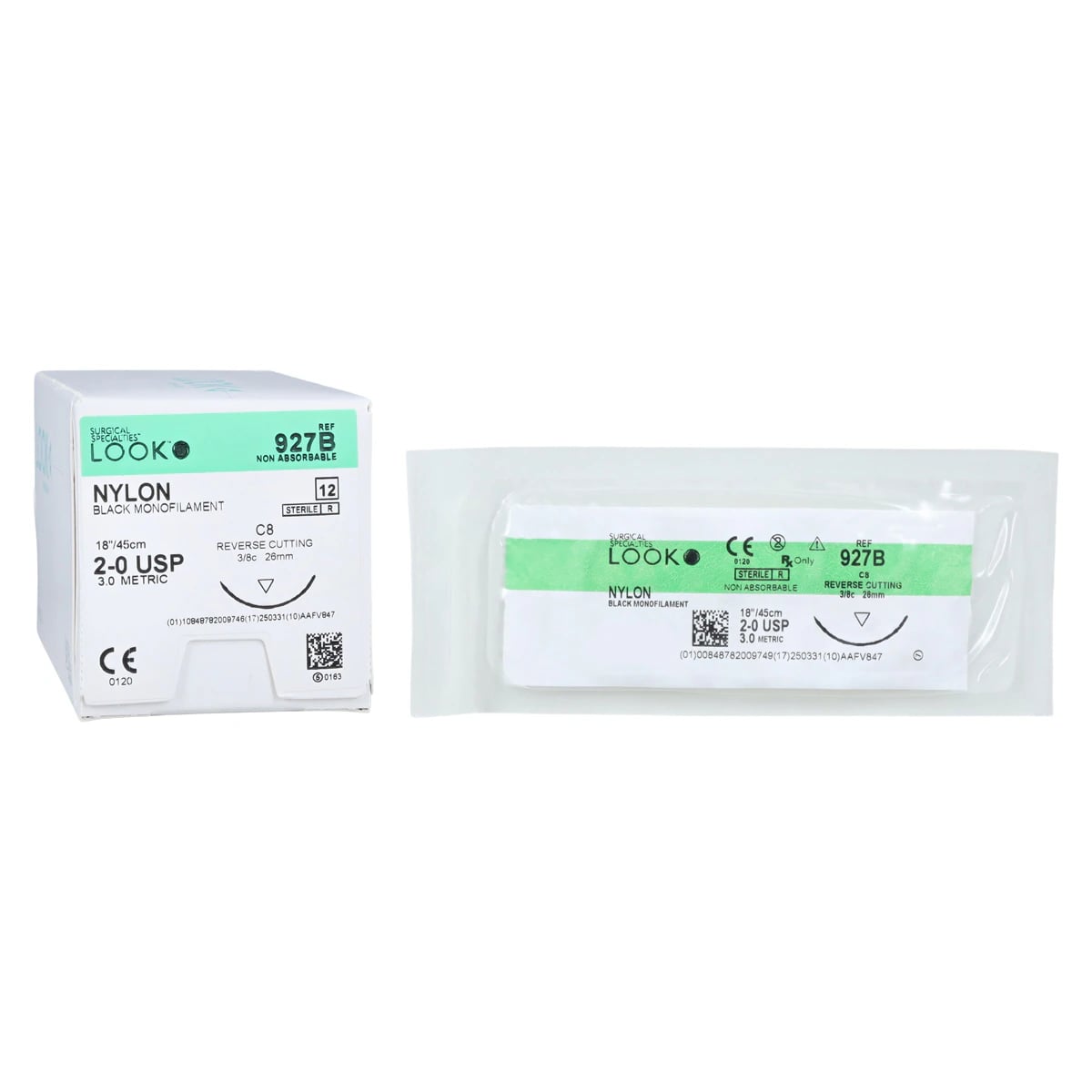 Look Nylon Suture, 2-0, Black Monofilament, Non-Absorbable, 18" (45 cm), C-8 Reverse Cutting Needle, 26 mm 3/8 Circle, 12/Bx, 927B