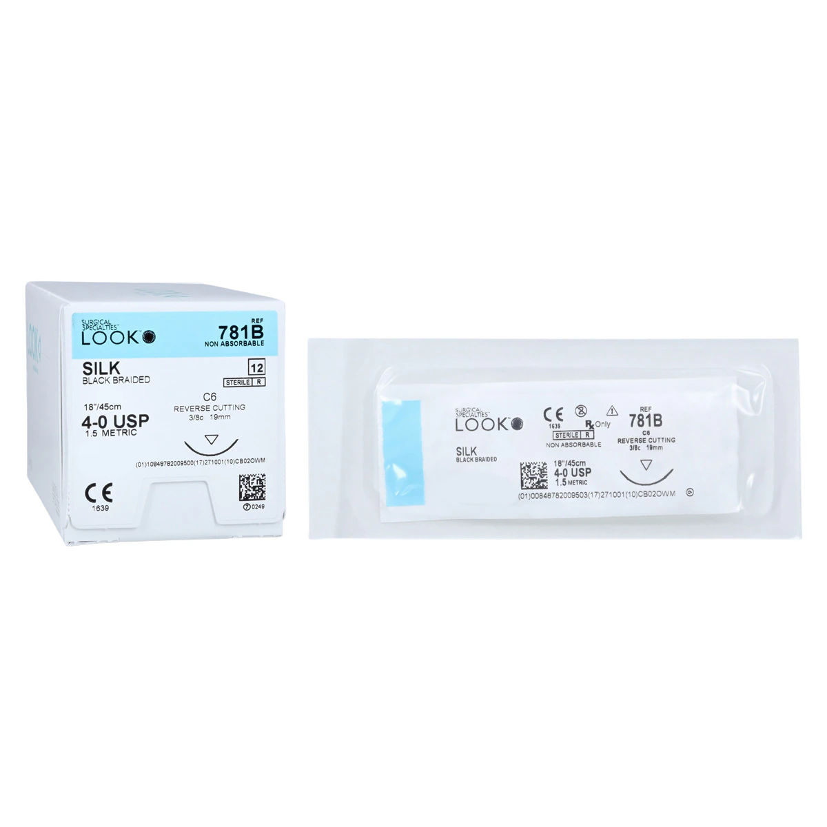 Look 781B Silk Black Braided Non-Absorbable Suture, 4-0, 18" (45 cm), C-6 Reverse Cutting Needle, 3/8 Circle, 19 mm, 12/Box