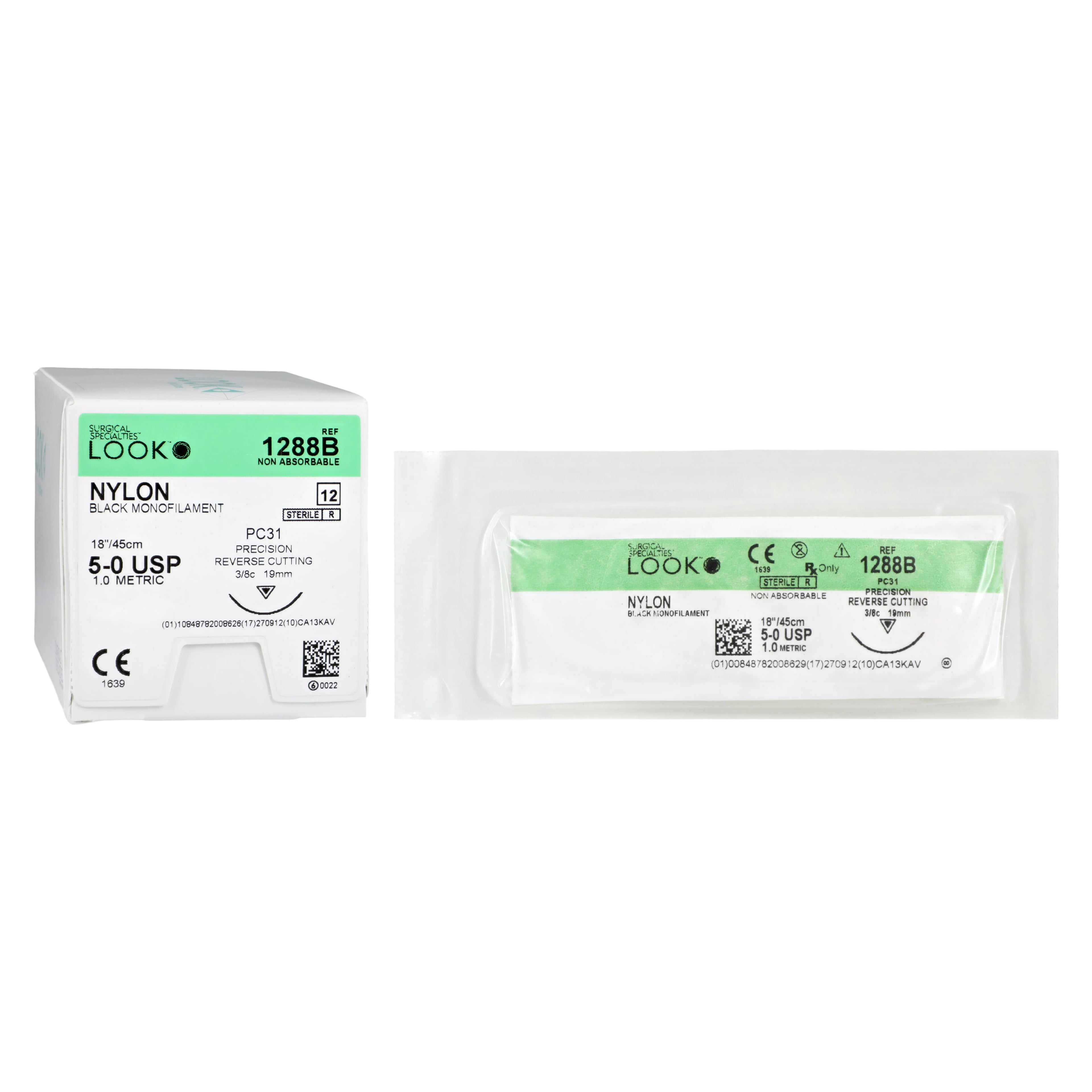 Look Nylon Black Monofilament Suture, 5/0, 18" Non-Absorbable, PC-31 Precision Reverse Cutting Needle (3/8 Circle), 12/Box