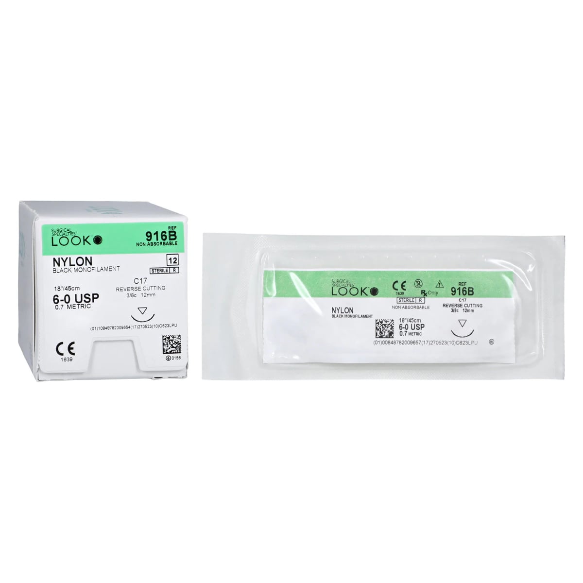 Look Nylon Suture with C17 Needle (RC), Black Monofilament, 6-0, 18"/45 cm, 12/Pk, 916B