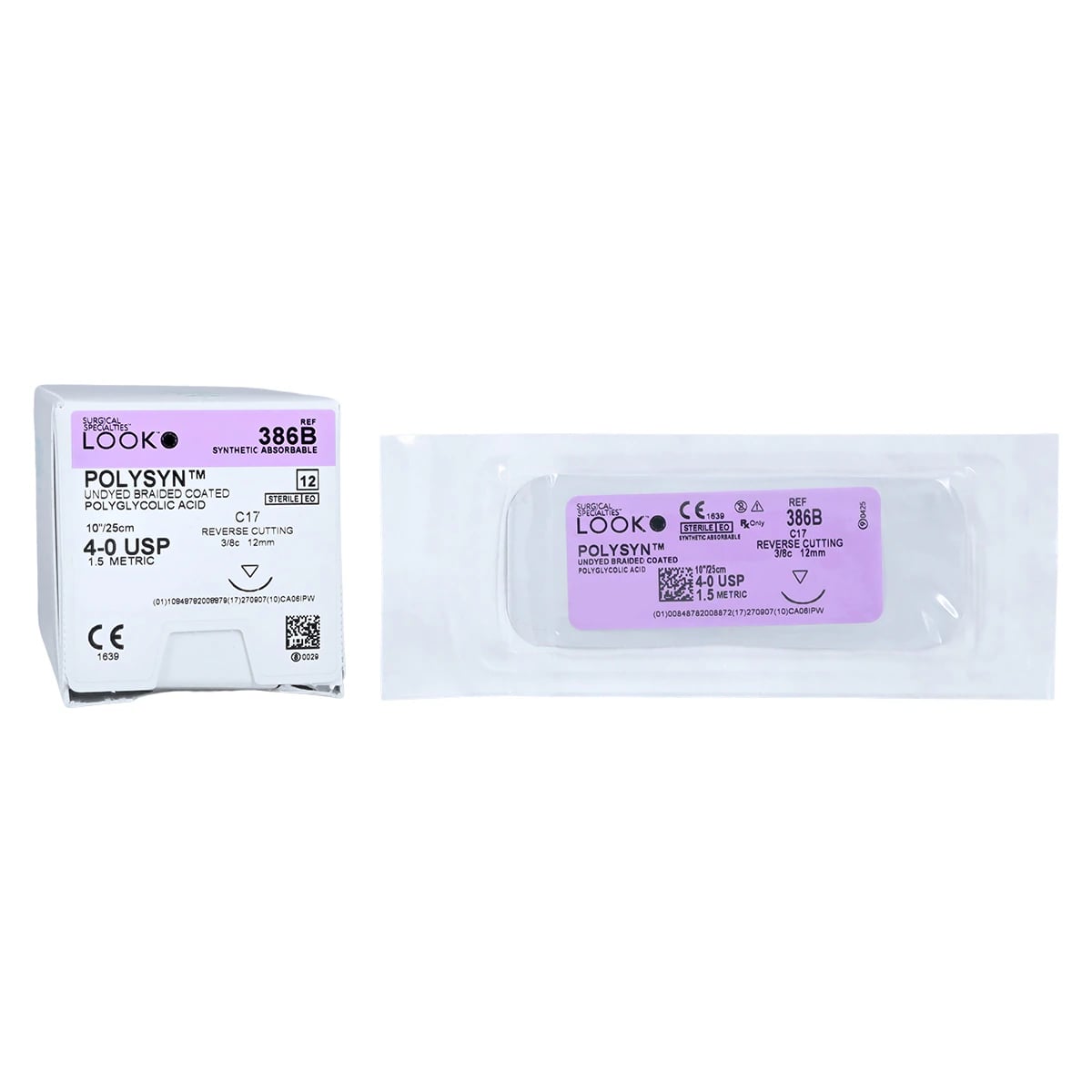 Look PolySyn PGA Absorbable Braided Suture, Undyed, 4-0, 10 in (25 cm), C-17 Reverse Cutting 12 mm 3/8 Circle Needle, 12/Box, 386B