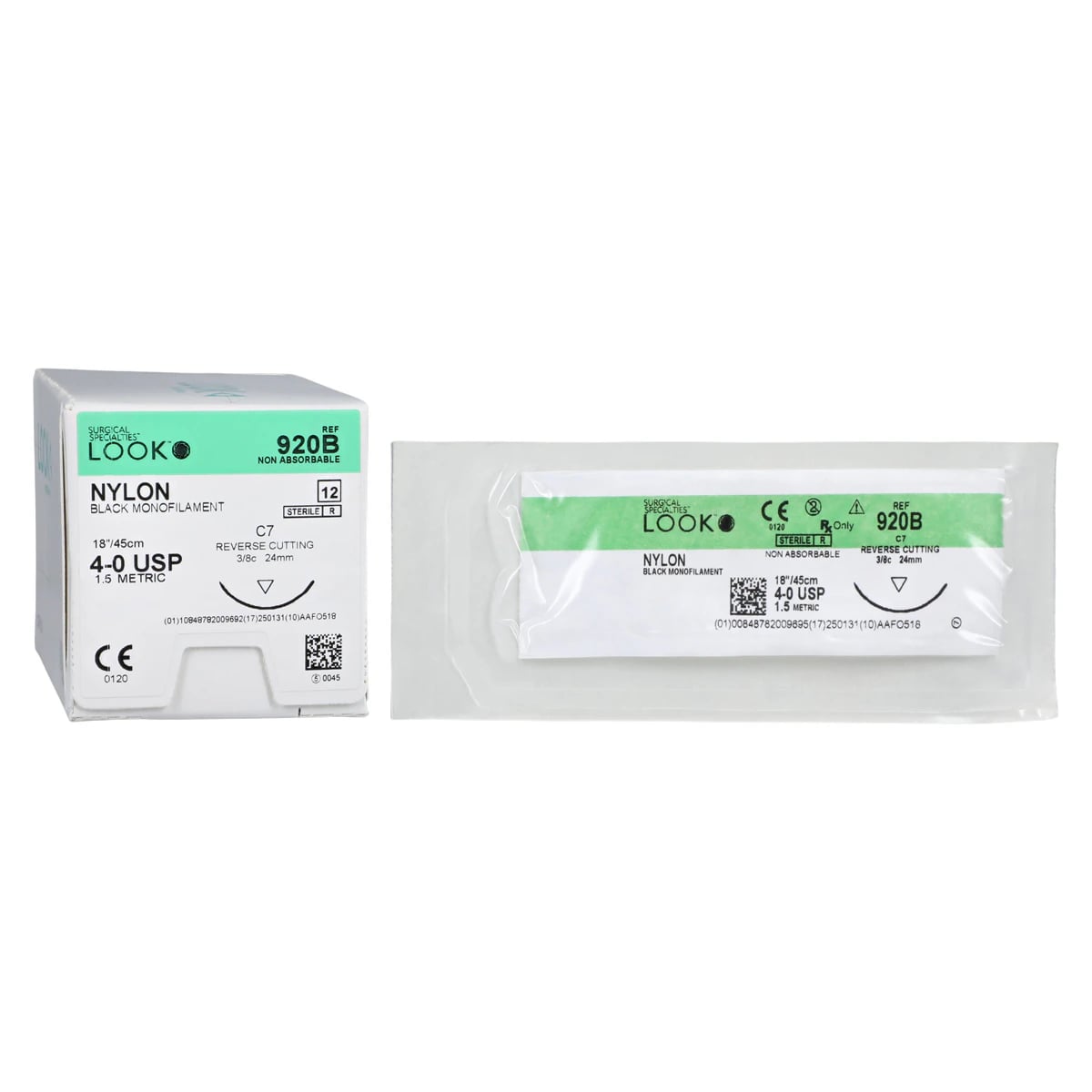 Look/Sharpoint Nylon Monofilament Suture, 4-0, 18" (45cm), Black, Non-Absorbable, C-7/DS-24 Reverse Cutting 3/8 Circle Needle, 24mm, 12/Bx, 920B